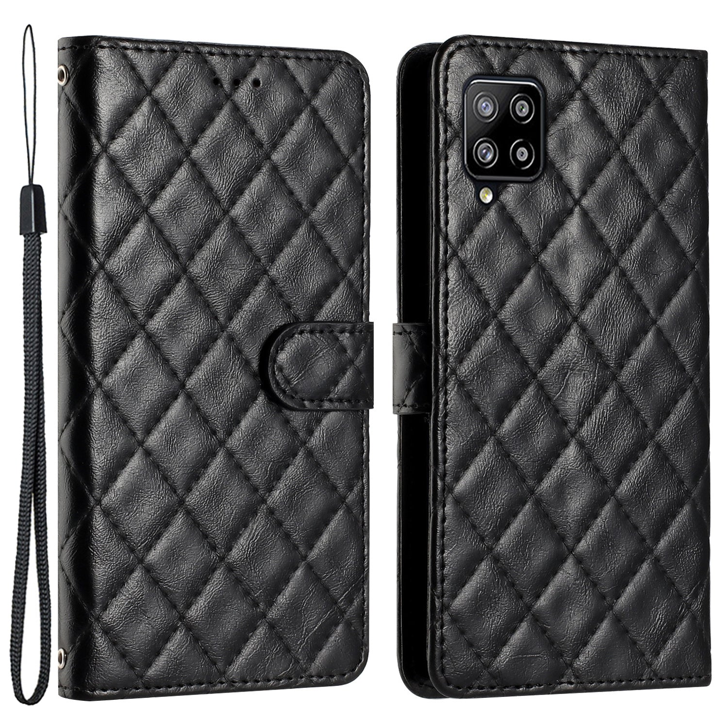 Phone Case for Samsung Galaxy A42 5G Stitching Line Rhombus PU Leather Wallet Stand Cover with Strap