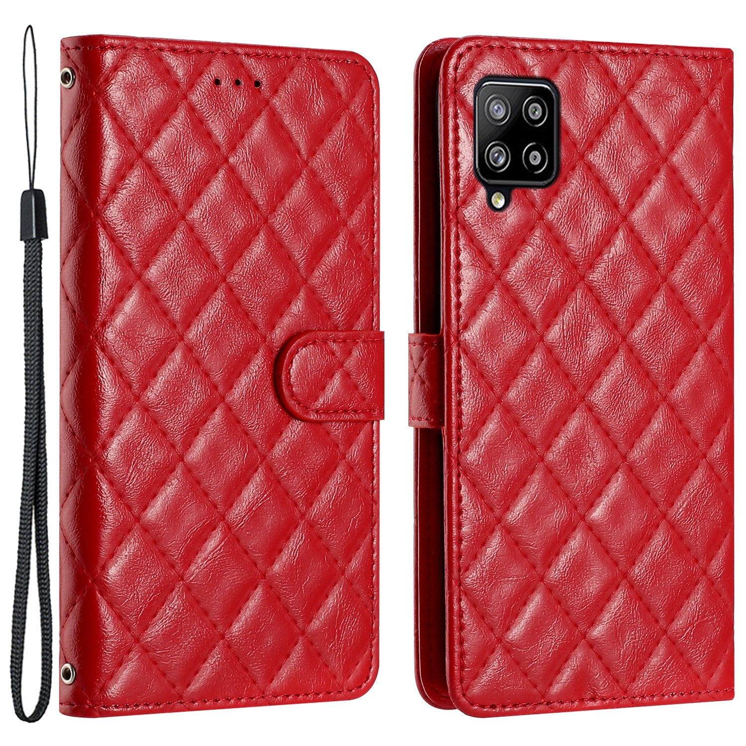 Phone Case for Samsung Galaxy A42 5G Stitching Line Rhombus PU Leather Wallet Stand Cover with Strap