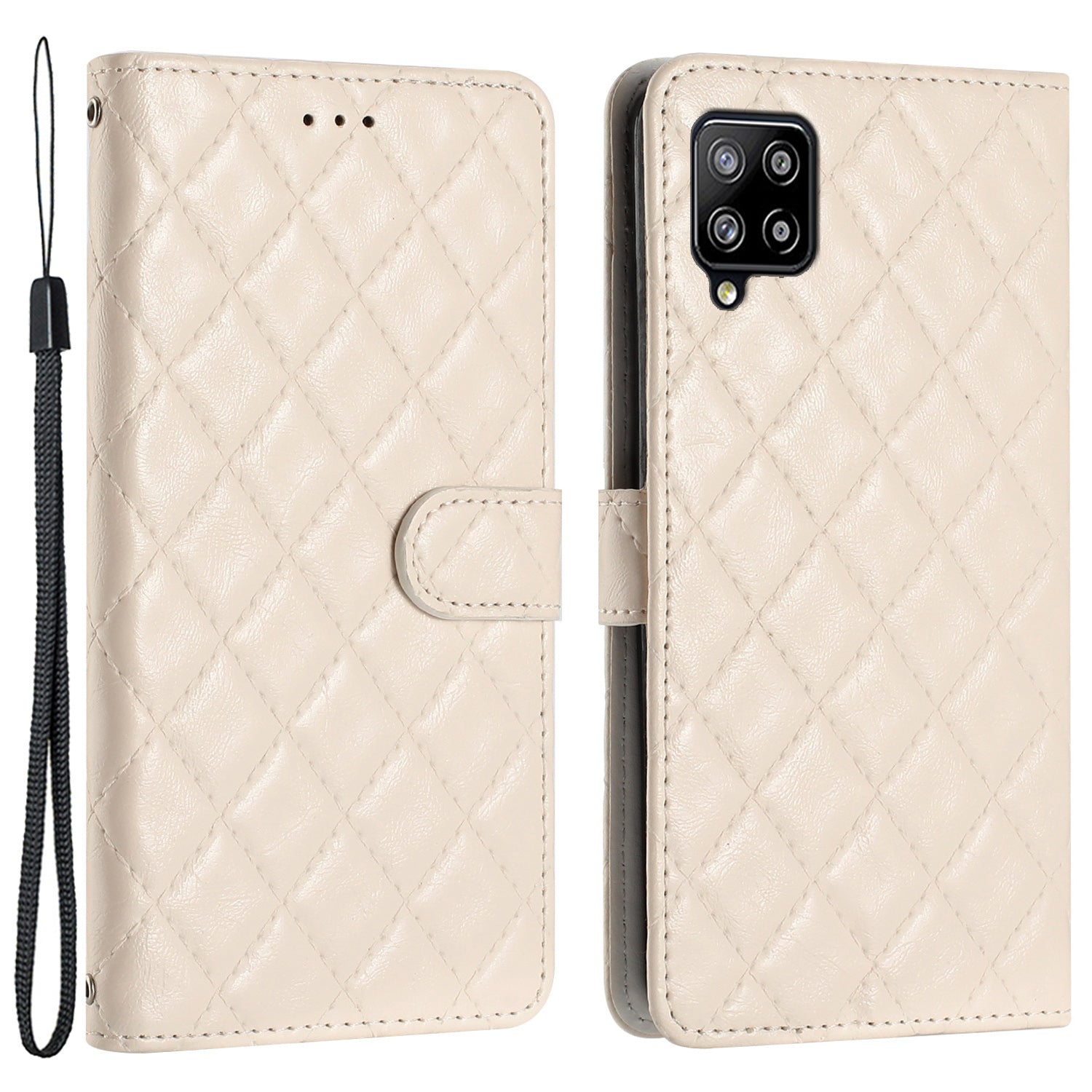 Phone Case for Samsung Galaxy A42 5G Stitching Line Rhombus PU Leather Wallet Stand Cover with Strap