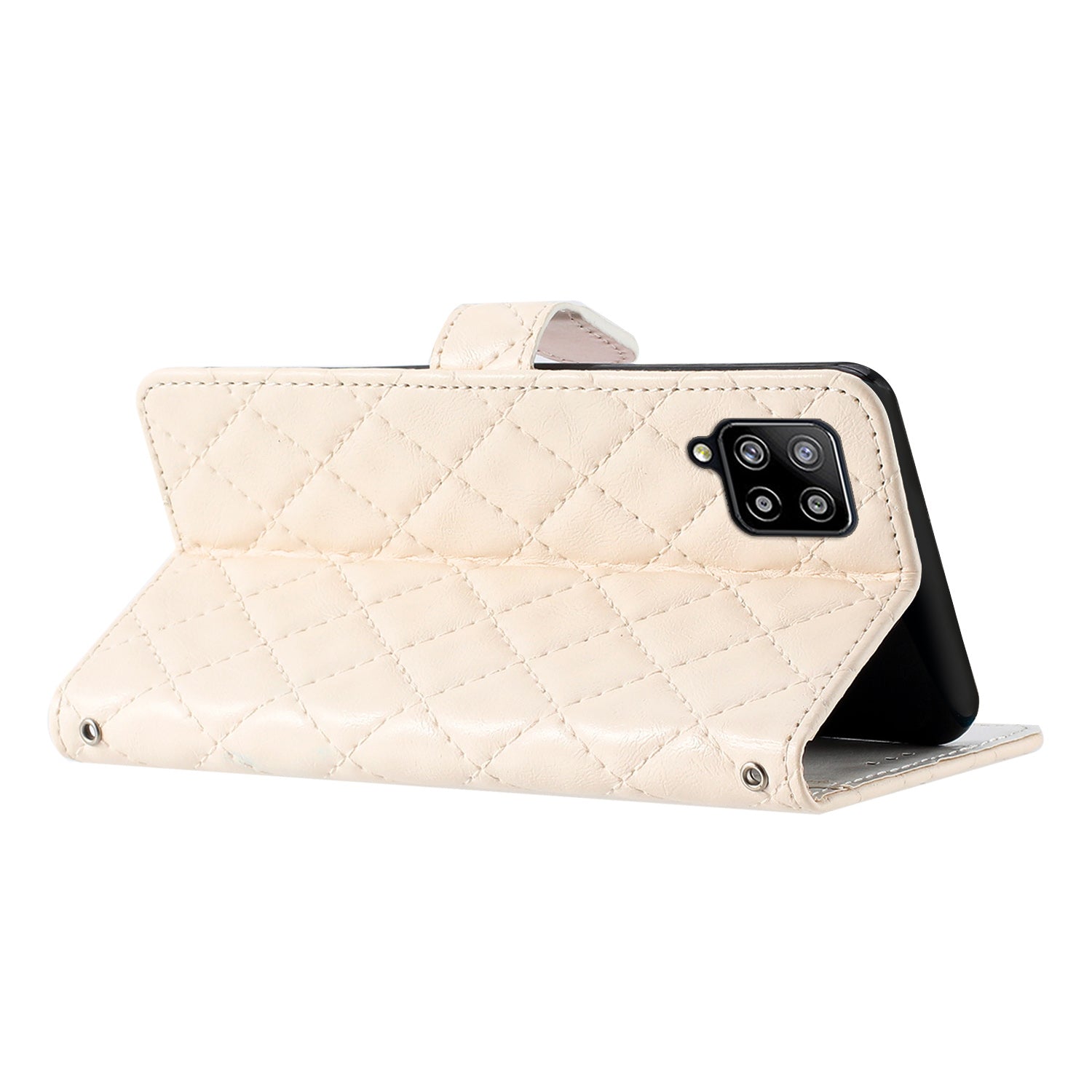 Phone Case for Samsung Galaxy A42 5G Stitching Line Rhombus PU Leather Wallet Stand Cover with Strap