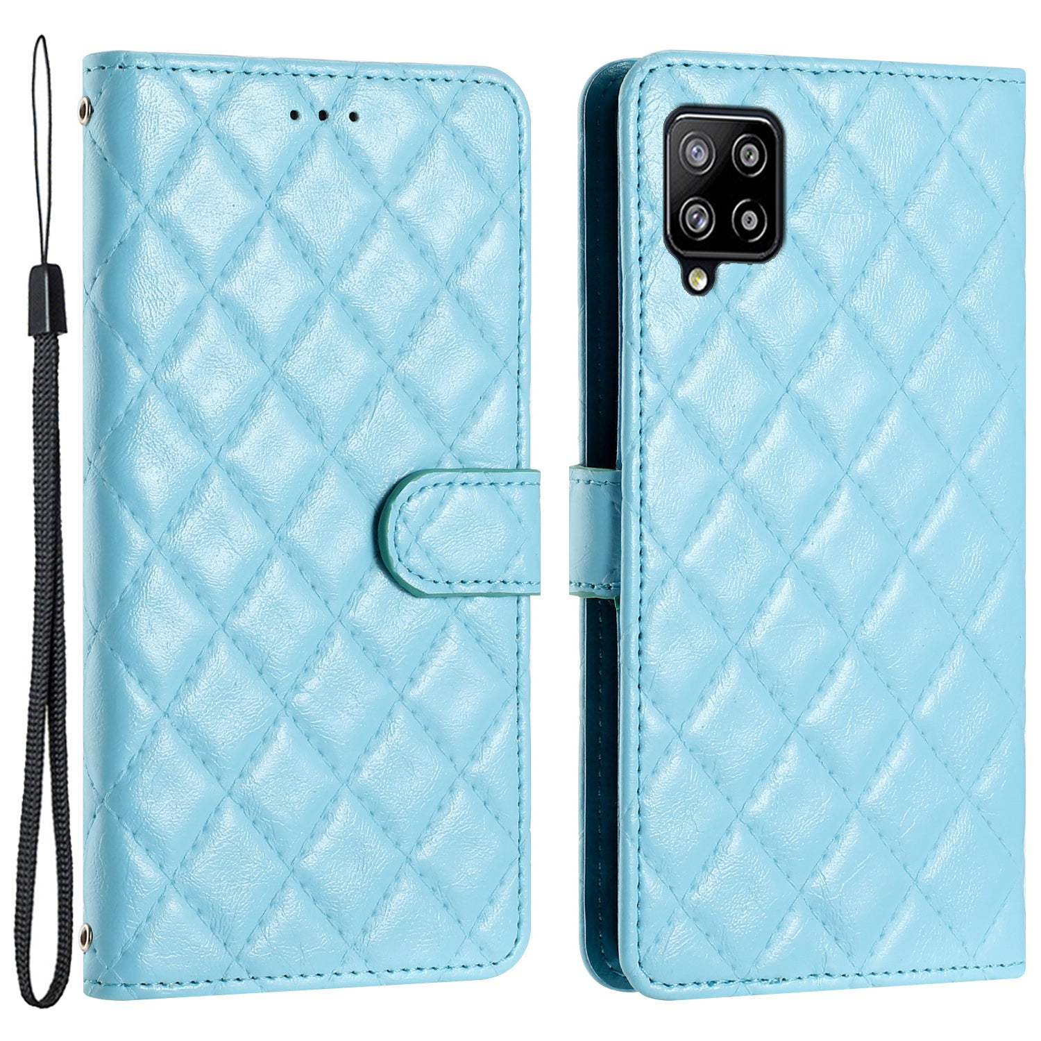 Phone Case for Samsung Galaxy A42 5G Stitching Line Rhombus PU Leather Wallet Stand Cover with Strap