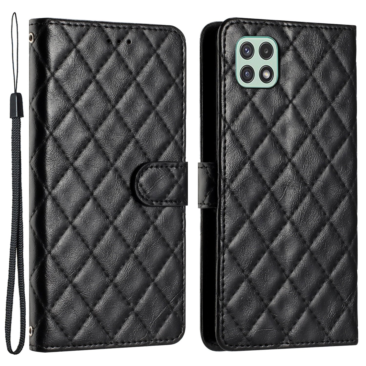Stand Shell for Samsung Galaxy A22 5G (EU Version) Stitching Line Rhombus Leather Case Wallet Phone Cover