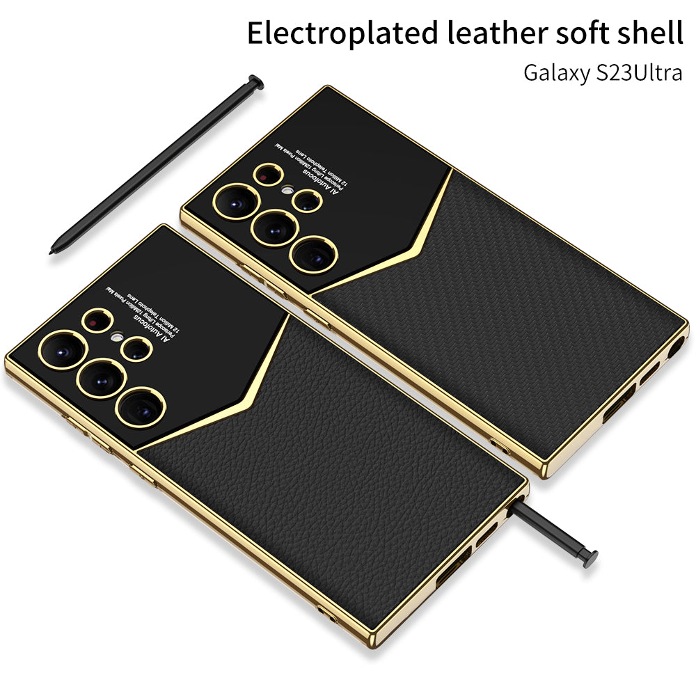 GKK For Samsung Galaxy S23 Ultra Electroplating Phone Cover PU Leather Coated PC TPU Case