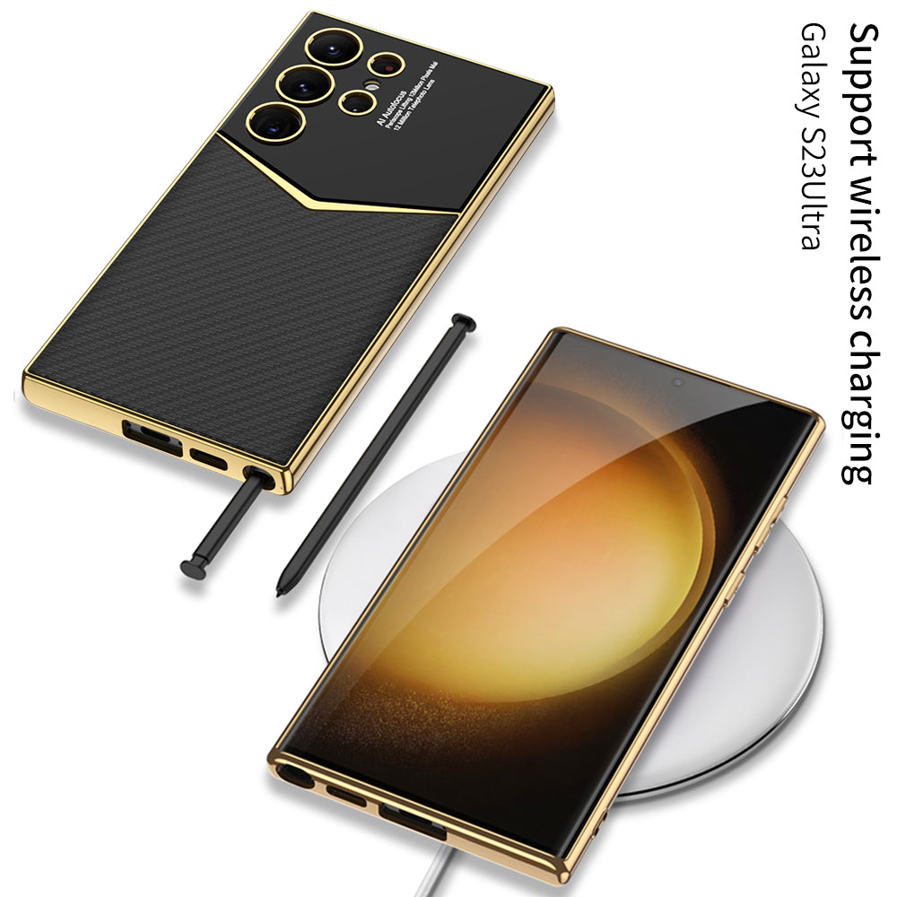 GKK For Samsung Galaxy S23 Ultra Electroplating Phone Cover PU Leather Coated PC TPU Case
