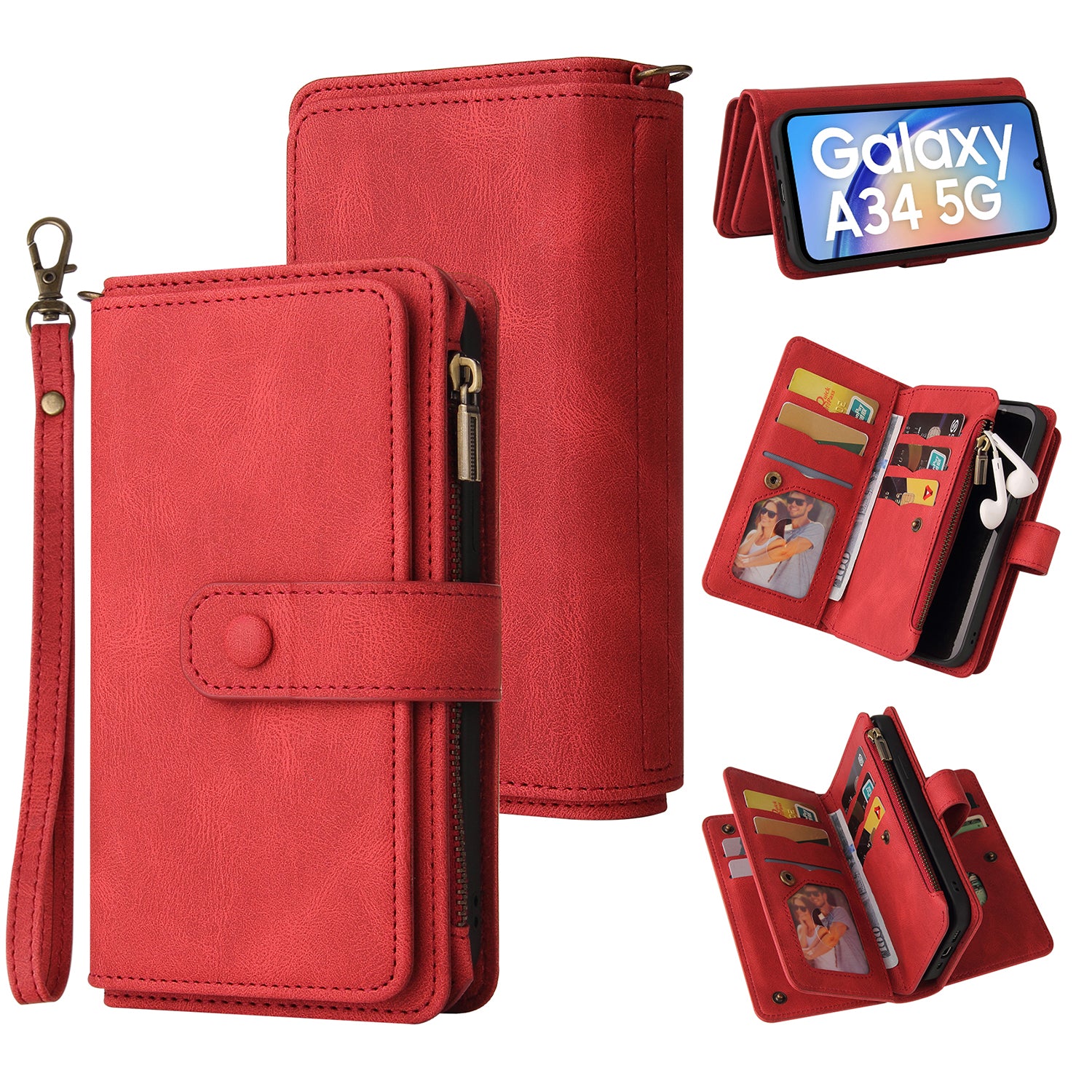 For Samsung Galaxy A34 5G Zipper Pocket Wallet Phone Case KT Multi-Functional Series-2 PU Leather Multiple Card Slots Cover
