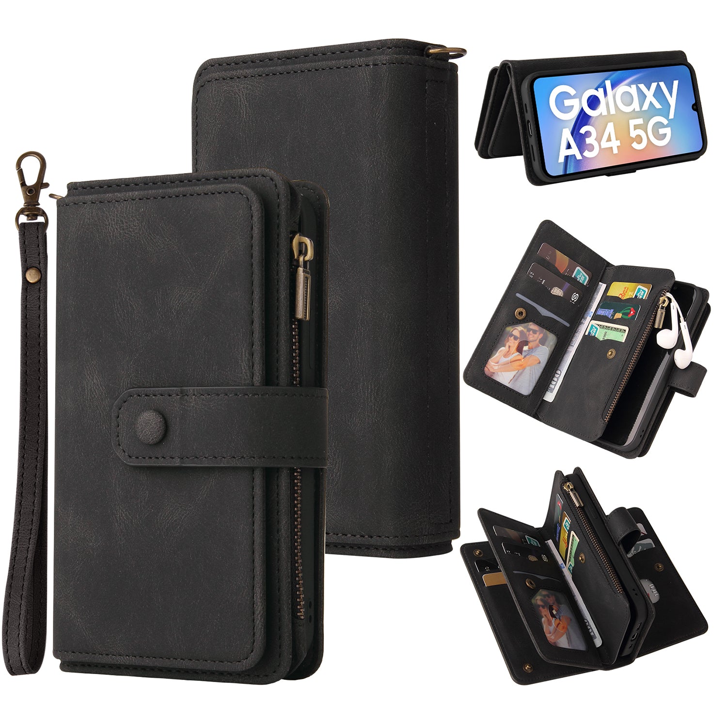 For Samsung Galaxy A34 5G Zipper Pocket Wallet Phone Case KT Multi-Functional Series-2 PU Leather Multiple Card Slots Cover