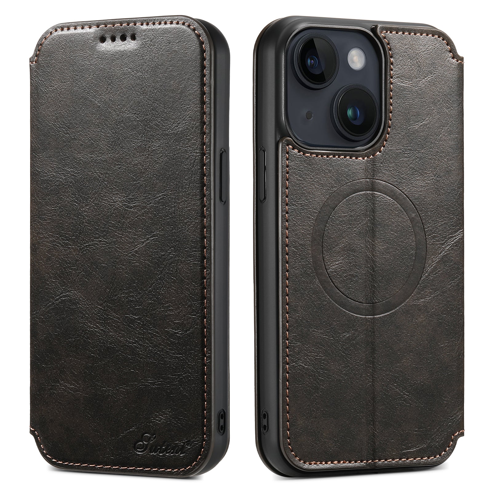 SUTENI J05 Compatible with MagSafe Cell Phone Cover For iPhone 14 Plus Magnetic Stand Wallet PU Leather Case