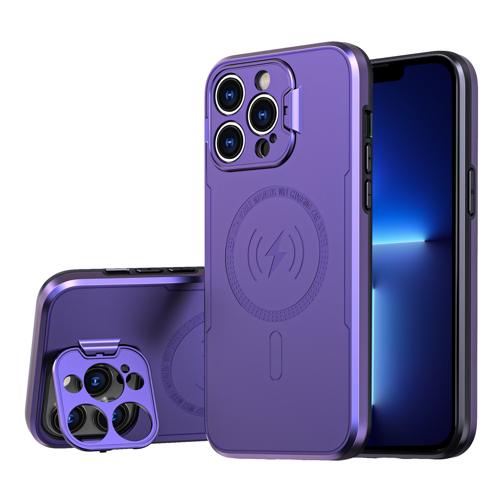For iPhone 13 Pro 6.1 inch PC+TPU Shock-Absorbing Back Case Lens Frame Bracket Kickstand Phone Cover