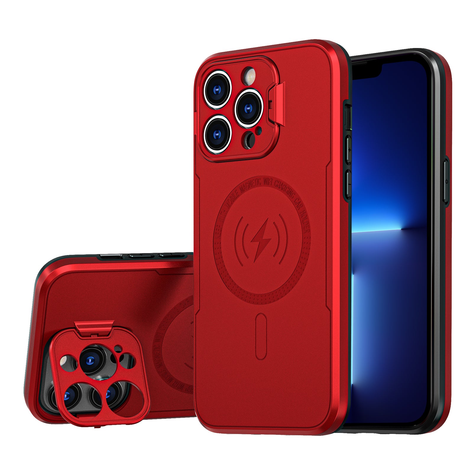 For iPhone 13 Pro Max 6.7 inch PC+TPU Hybrid Dual Layer Cover Lens Frame Kickstand Magnetic Phone Case