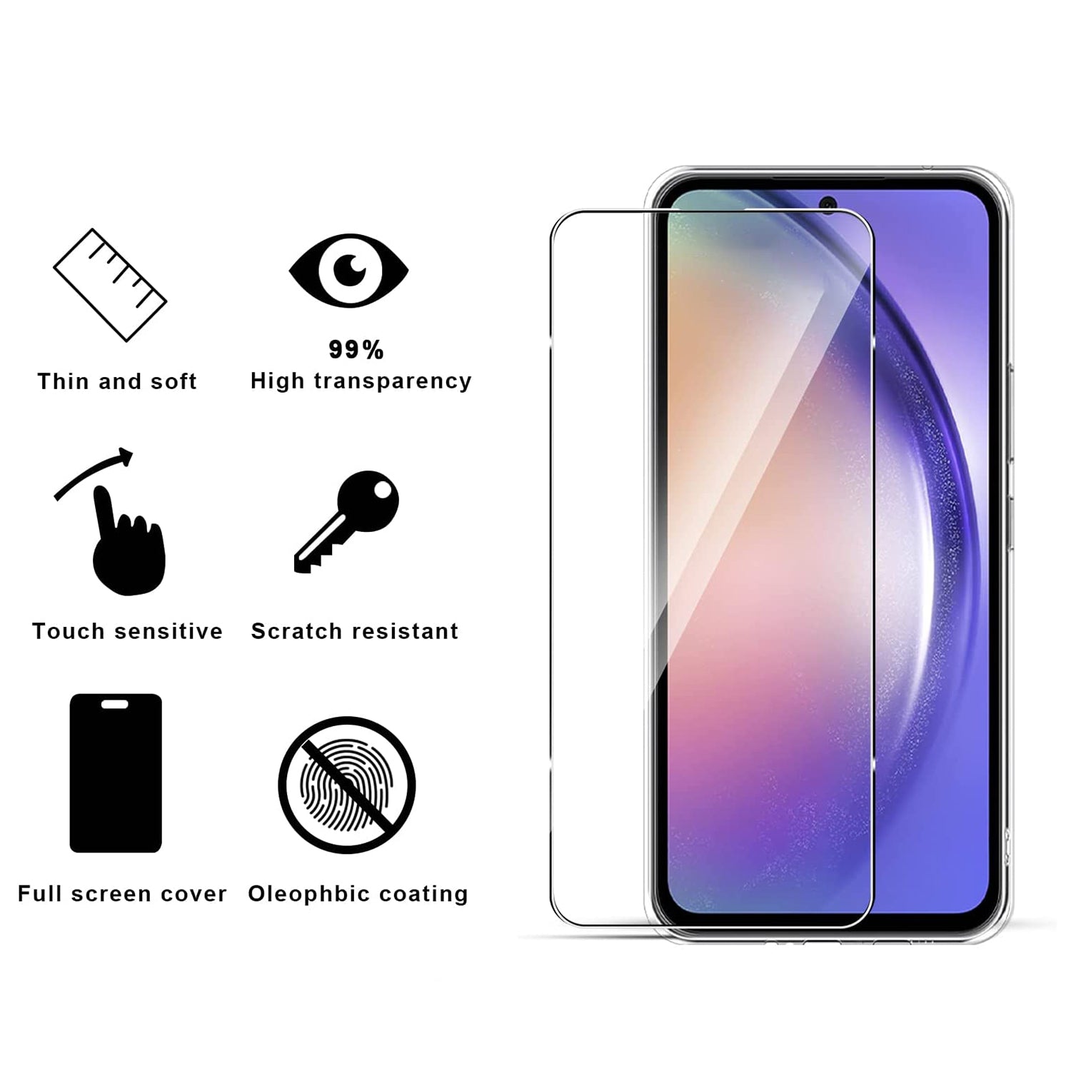 For Samsung Galaxy A54 5G Phone Case TPU Clear Cover with 2.5D Arc Edge Tempered Glass Screen Film