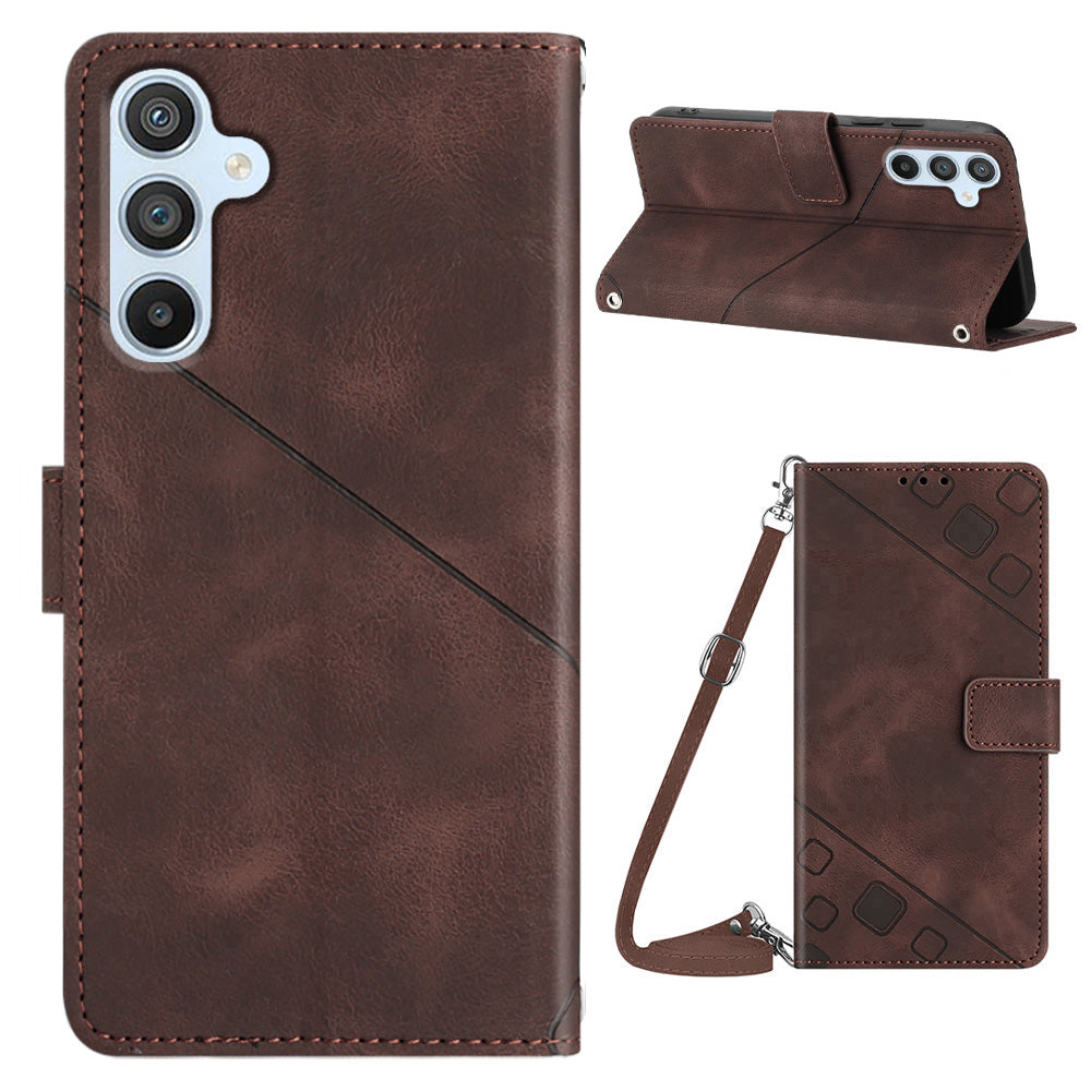 PT005 YB Imprinting Series-7 for Samsung Galaxy M14 5G Crossbody Phone Wallet Case PU Leather Imprinted Lines Flip Stand Cover