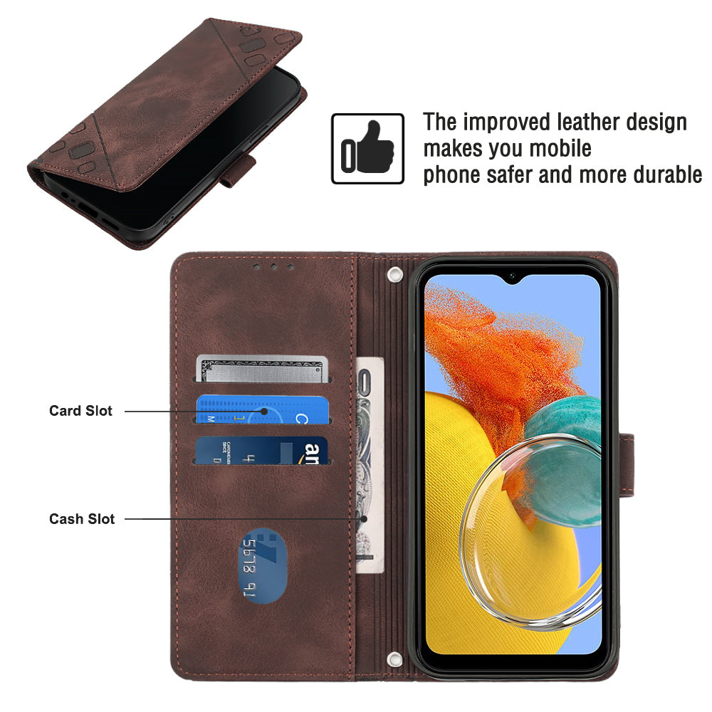 PT005 YB Imprinting Series-7 for Samsung Galaxy M14 5G Crossbody Phone Wallet Case PU Leather Imprinted Lines Flip Stand Cover