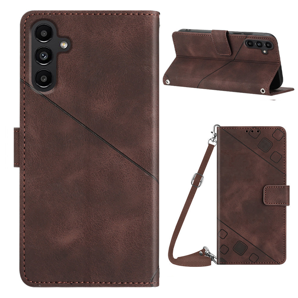 PT005 YB Imprinting Series-7 for Samsung Galaxy A34 5G PU Leather Phone Case Imprinted Lines Wallet Stand Cover with Long Strap