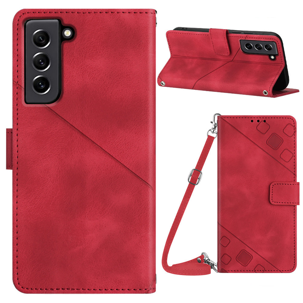 PT005 YB Imprinting Series-7 for Samsung Galaxy S21 FE 5G Flip Wallet Case Imprinted Lines PU Leather Stand Crossbody Phone Cover