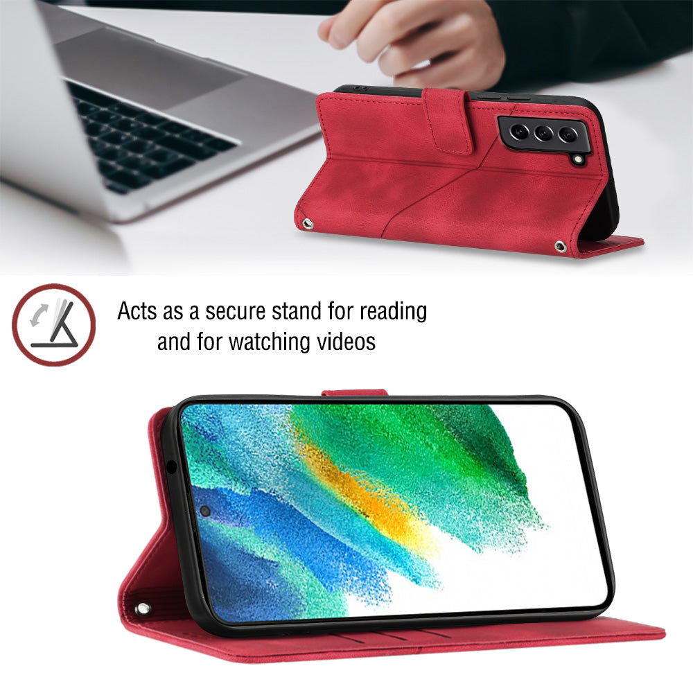 PT005 YB Imprinting Series-7 for Samsung Galaxy S21 FE 5G Flip Wallet Case Imprinted Lines PU Leather Stand Crossbody Phone Cover