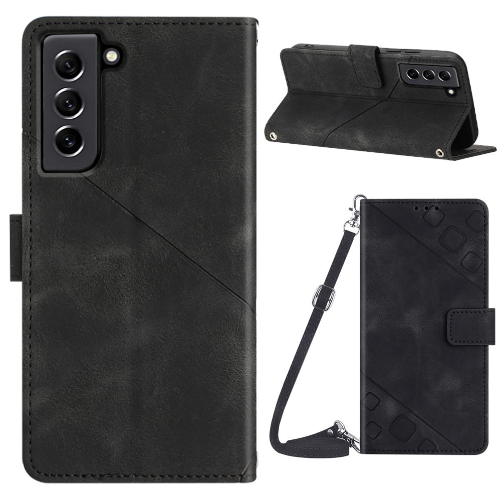 PT005 YB Imprinting Series-7 for Samsung Galaxy S21 FE 5G Flip Wallet Case Imprinted Lines PU Leather Stand Crossbody Phone Cover