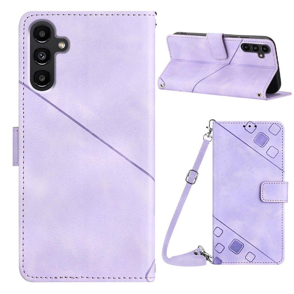 PT005 YB Imprinting Series-7 for Samsung Galaxy A14 5G PU Leather Wallet Case Imprinted Lines Stand Phone Cover with Shoulder Strap
