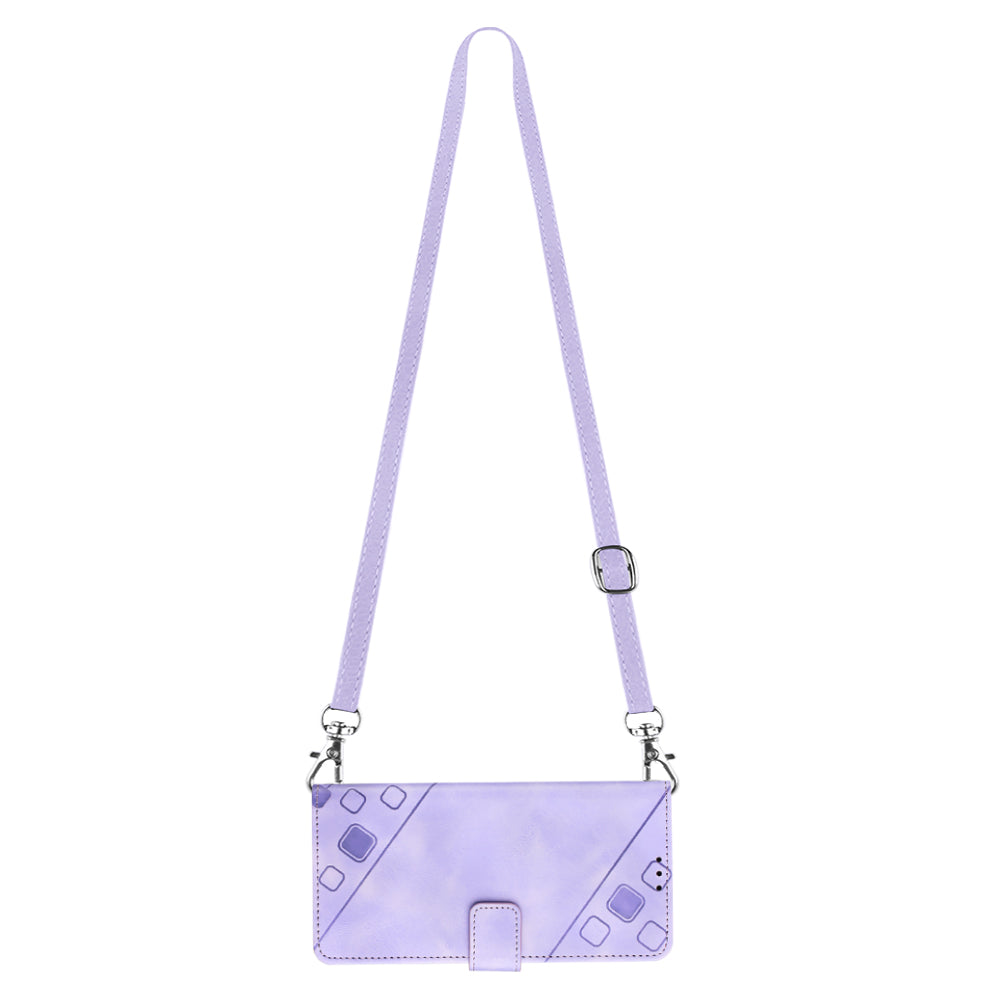 PT005 YB Imprinting Series-7 for Samsung Galaxy A14 5G PU Leather Wallet Case Imprinted Lines Stand Phone Cover with Shoulder Strap