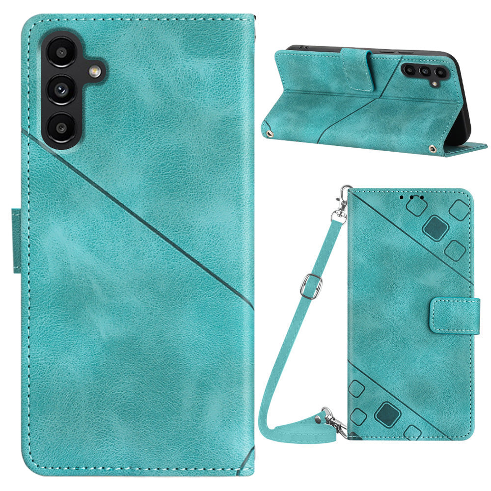 PT005 YB Imprinting Series-7 for Samsung Galaxy A14 5G PU Leather Wallet Case Imprinted Lines Stand Phone Cover with Shoulder Strap