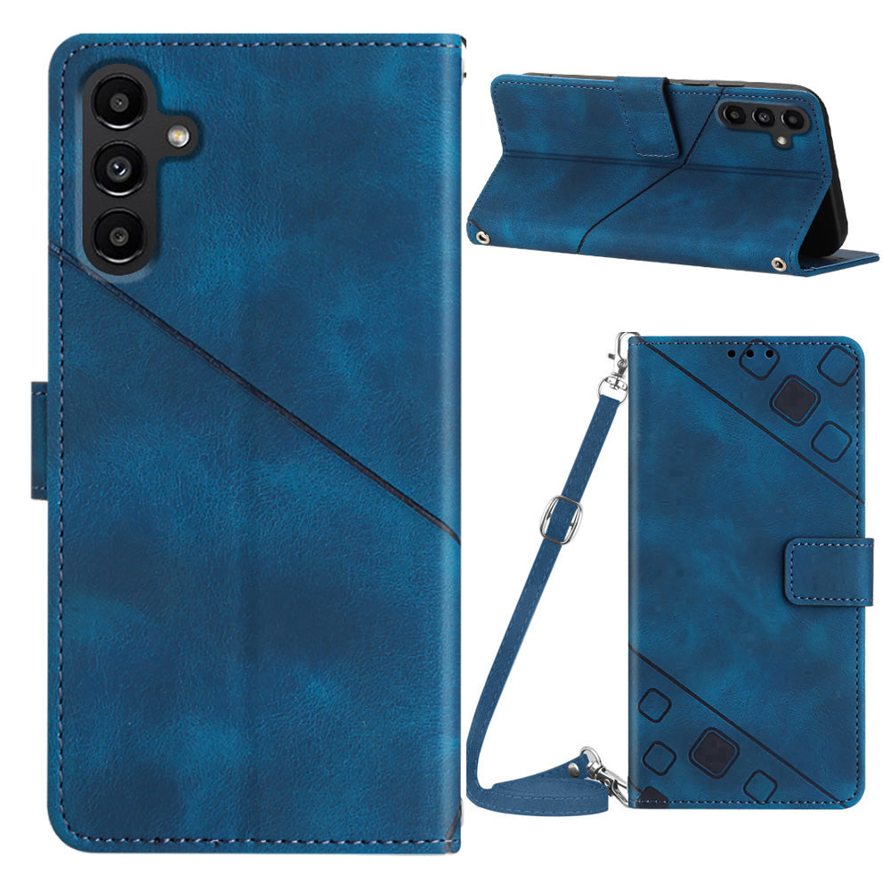 PT005 YB Imprinting Series-7 for Samsung Galaxy A14 5G PU Leather Wallet Case Imprinted Lines Stand Phone Cover with Shoulder Strap
