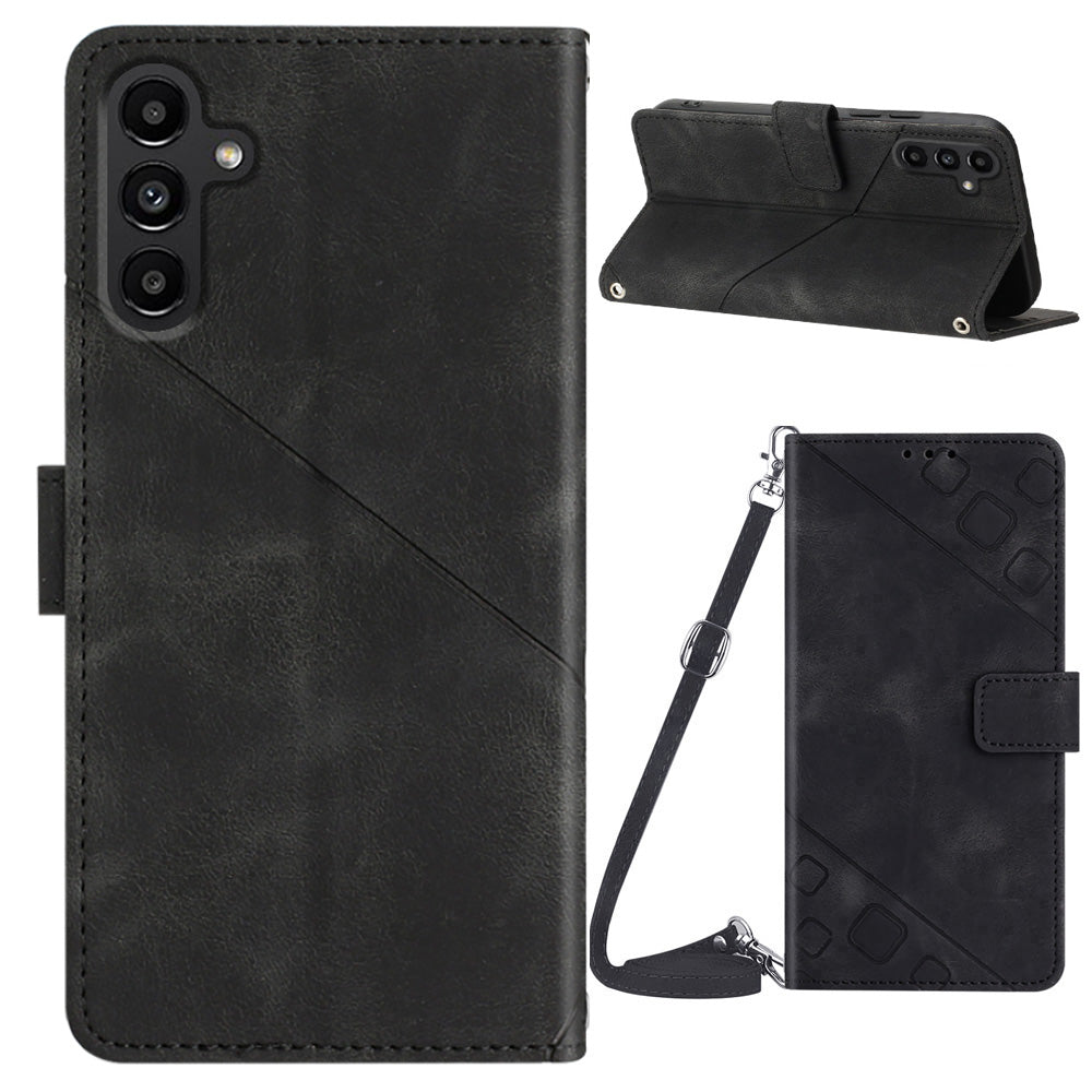 PT005 YB Imprinting Series-7 for Samsung Galaxy A14 5G PU Leather Wallet Case Imprinted Lines Stand Phone Cover with Shoulder Strap