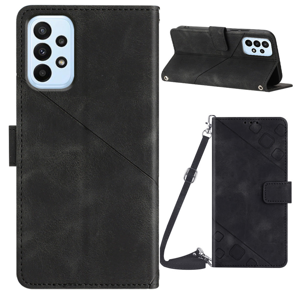 PT005 YB Imprinting Series-7 Crossbody PU Leather Case for Samsung Galaxy A52 4G / 5G / A52s 5G Imprinted Lines Stand Wallet Phone Cover