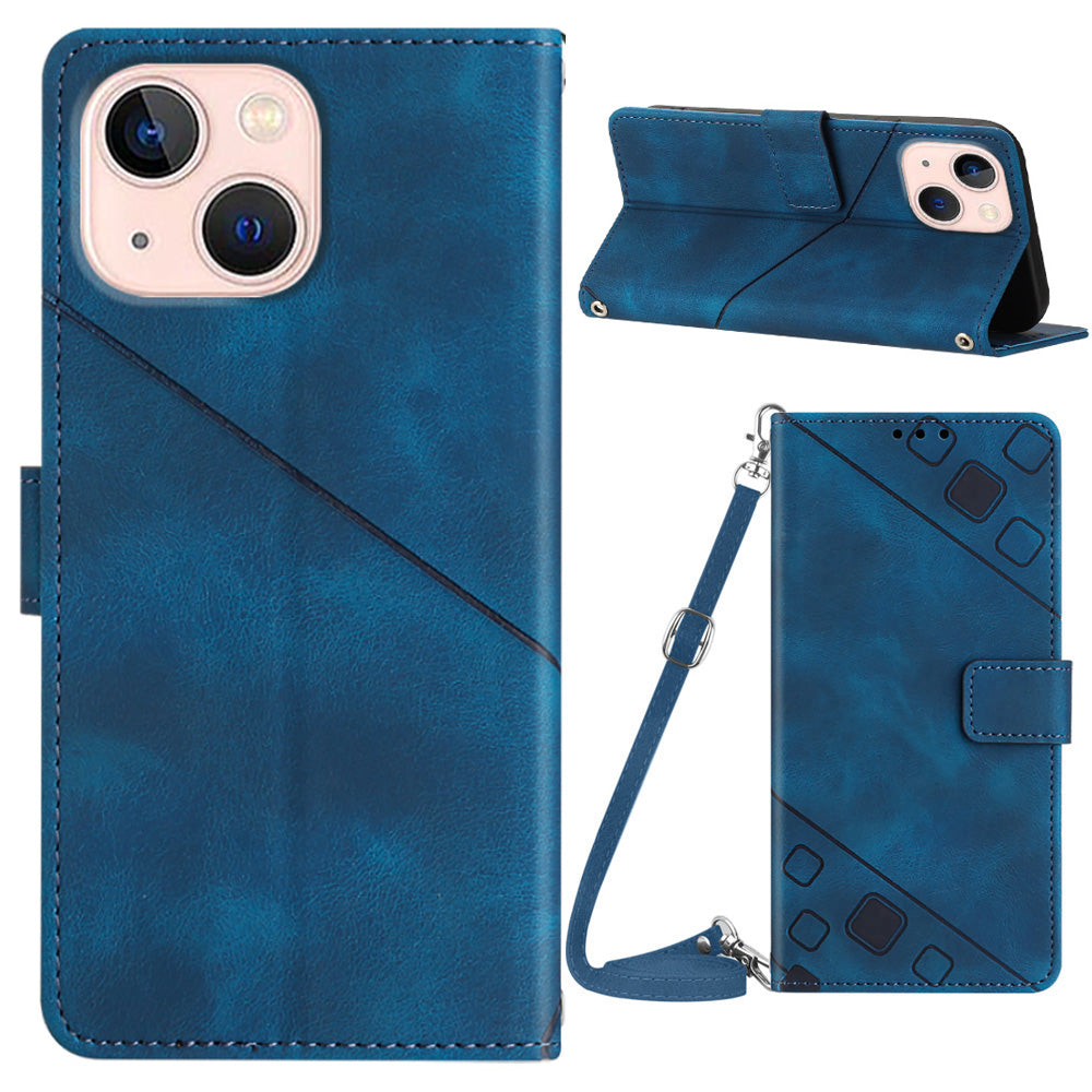 PT005 YB Imprinting Series-7 for iPhone 13 Stand Phone Leather Case Imprinted Lines Wallet Cover with Shoulder Strap
