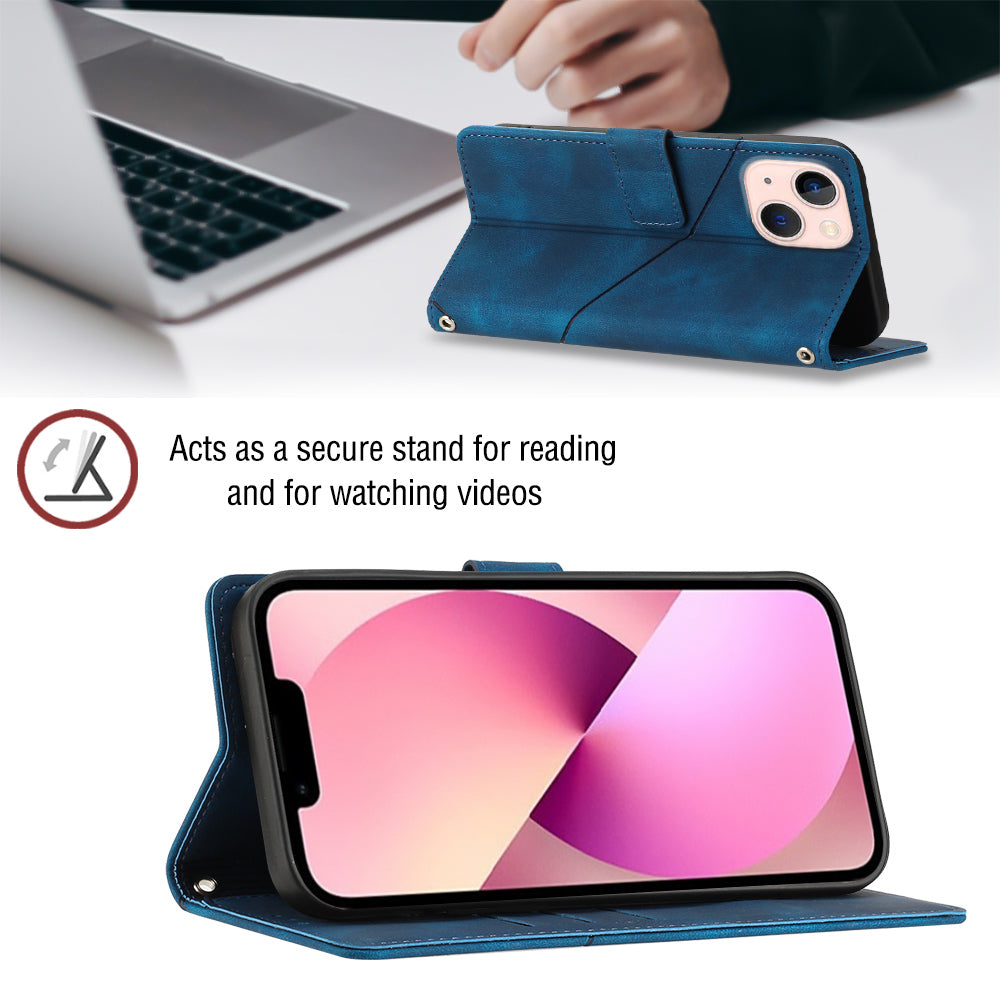 PT005 YB Imprinting Series-7 for iPhone 13 Stand Phone Leather Case Imprinted Lines Wallet Cover with Shoulder Strap