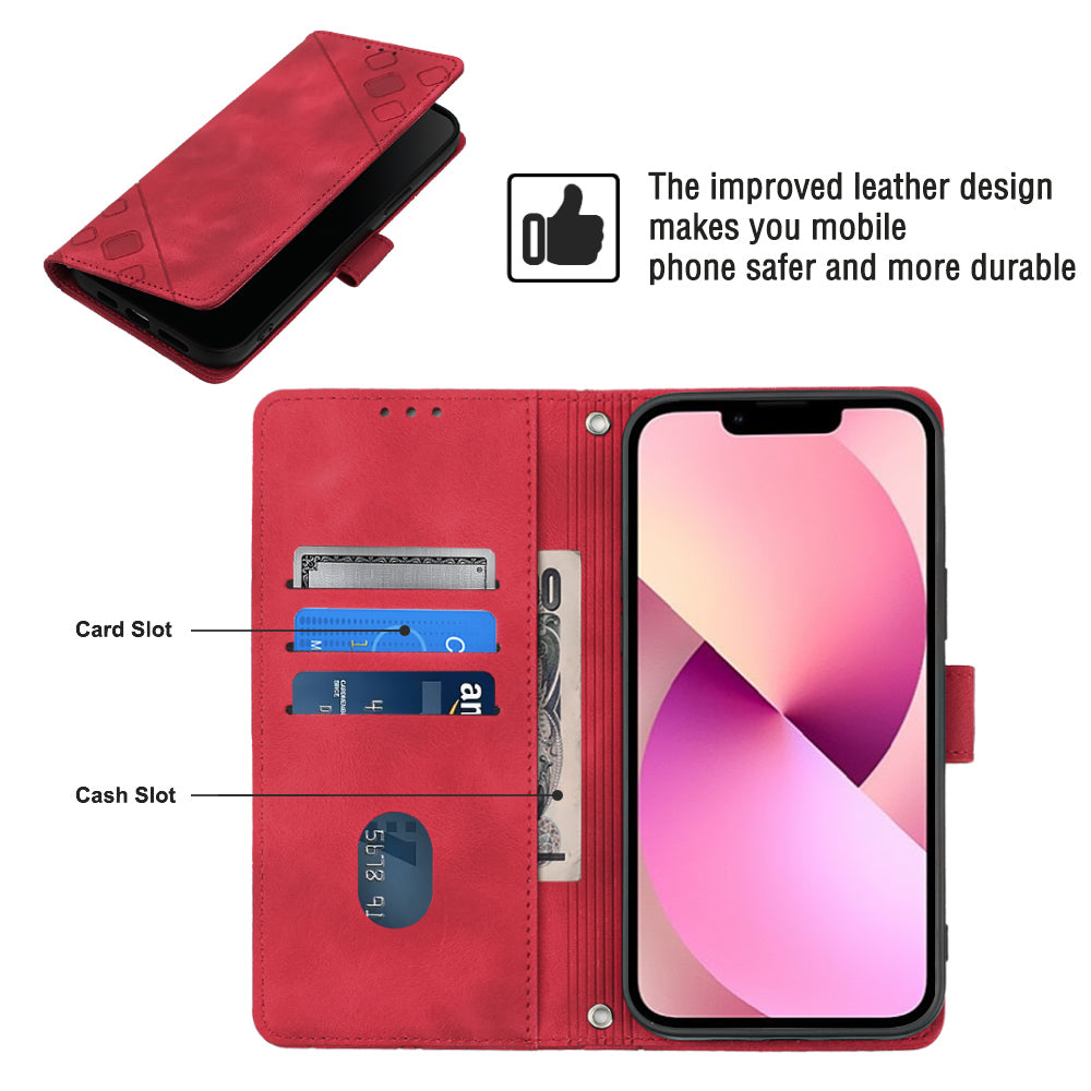 PT005 YB Imprinting Series-7 for iPhone 13 Stand Phone Leather Case Imprinted Lines Wallet Cover with Shoulder Strap
