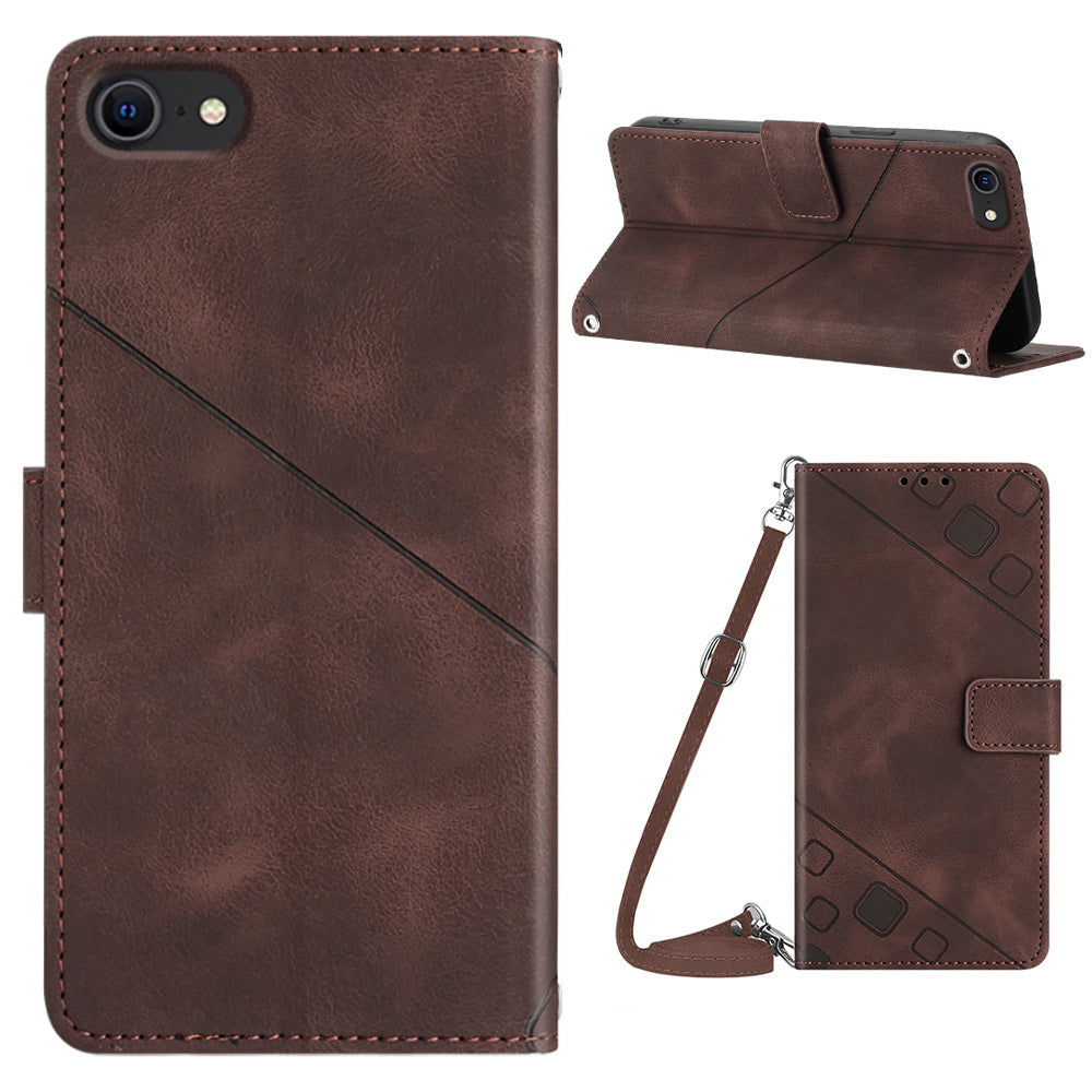 PT005 YB Imprinting Series-7 Phone Case for iPhone 7 8 SE (2020) PU Leather Stand Wallet Cover with Shoulder Strap