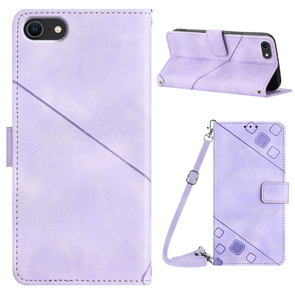 PT005 YB Imprinting Series-7 Phone Case for iPhone 7 8 SE (2020) PU Leather Stand Wallet Cover with Shoulder Strap