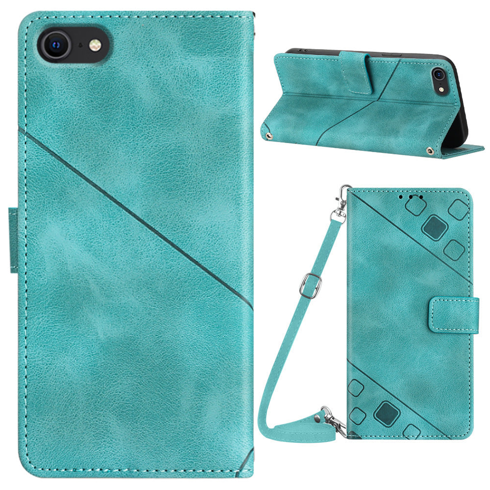 PT005 YB Imprinting Series-7 Phone Case for iPhone 7 8 SE (2020) PU Leather Stand Wallet Cover with Shoulder Strap