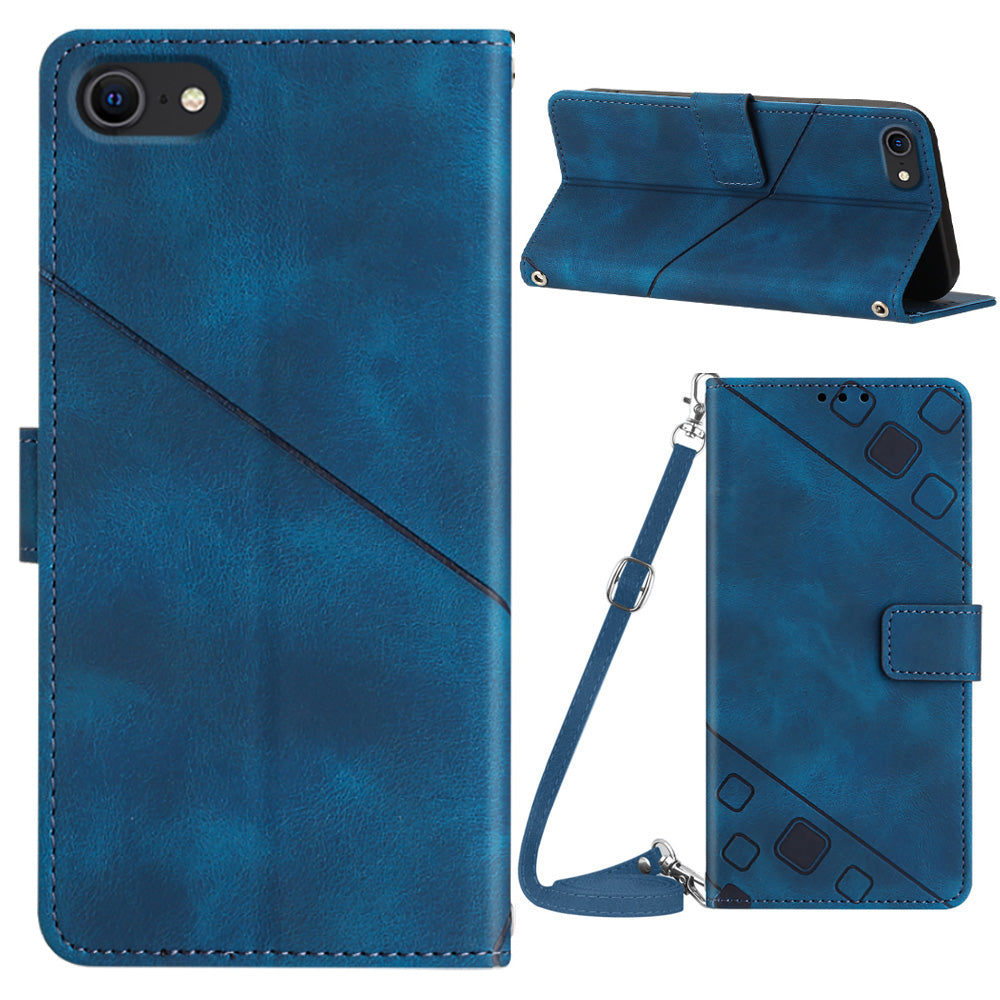 PT005 YB Imprinting Series-7 Phone Case for iPhone 7 8 SE (2020) PU Leather Stand Wallet Cover with Shoulder Strap
