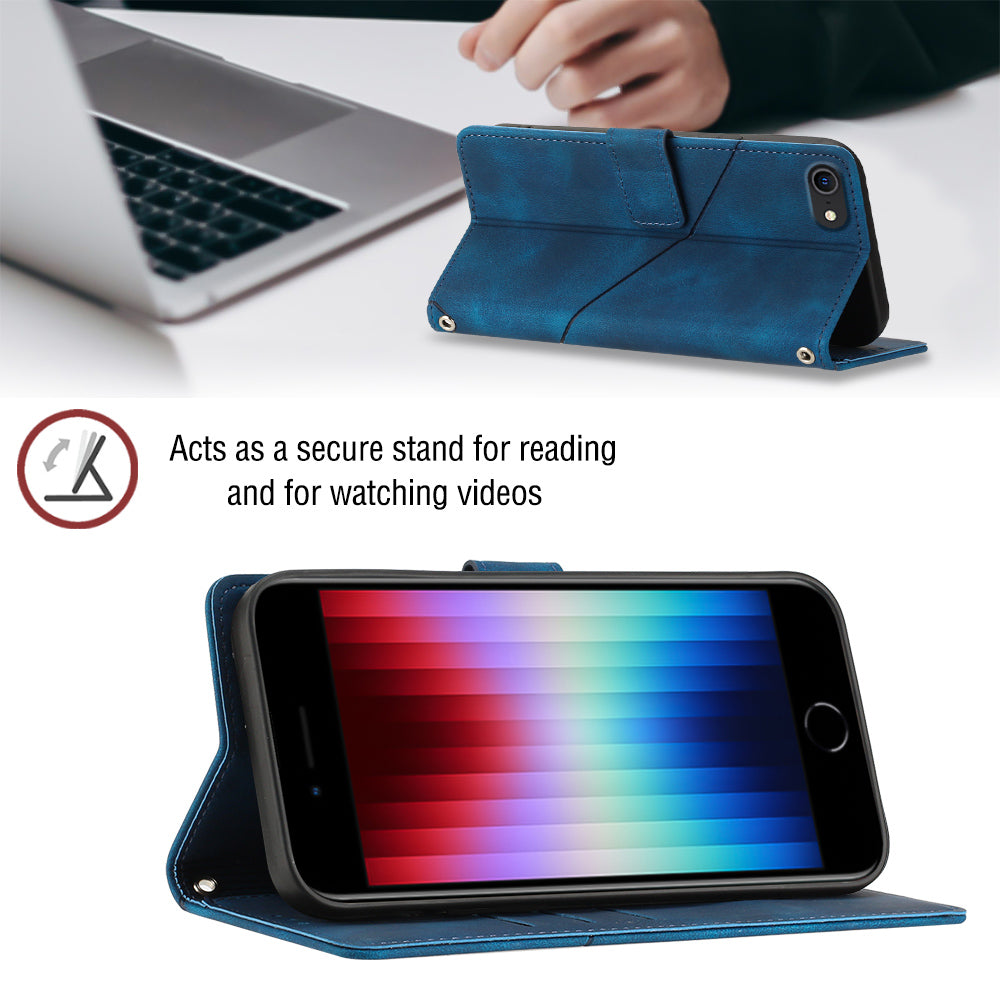 PT005 YB Imprinting Series-7 Phone Case for iPhone 7 8 SE (2020) PU Leather Stand Wallet Cover with Shoulder Strap