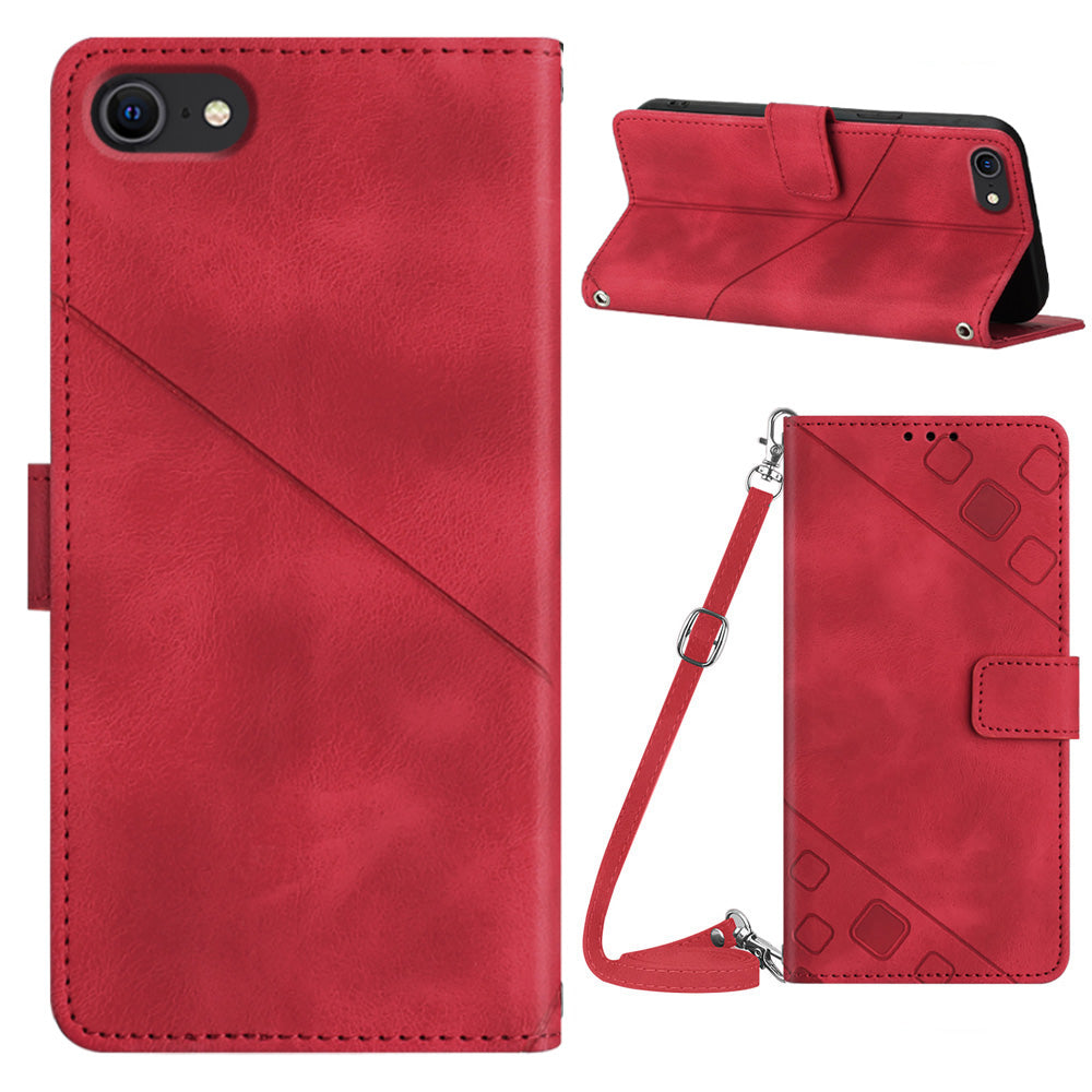 PT005 YB Imprinting Series-7 Phone Case for iPhone 7 8 SE (2020) PU Leather Stand Wallet Cover with Shoulder Strap