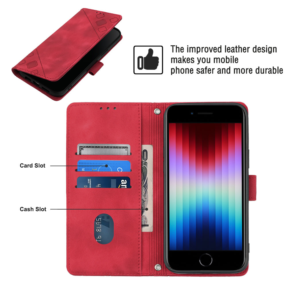 PT005 YB Imprinting Series-7 Phone Case for iPhone 7 8 SE (2020) PU Leather Stand Wallet Cover with Shoulder Strap