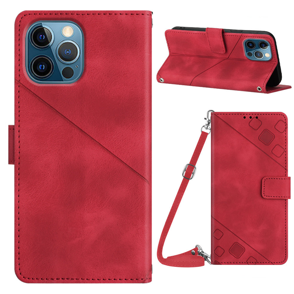 PT005 YB Imprinting Series-7 Leather Phone Case for iPhone 12 Pro Max Imprinted Lines Wallet Stand Cover with Shoulder Strap
