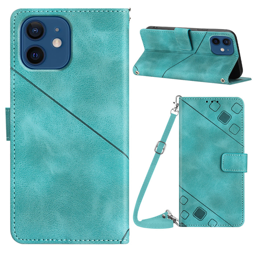 PT005 YB Imprinting Series-7 for iPhone 12 12 Pro Wallet Stand Phone Case Imprinted Lines Leather Cover with Shoulder Strap