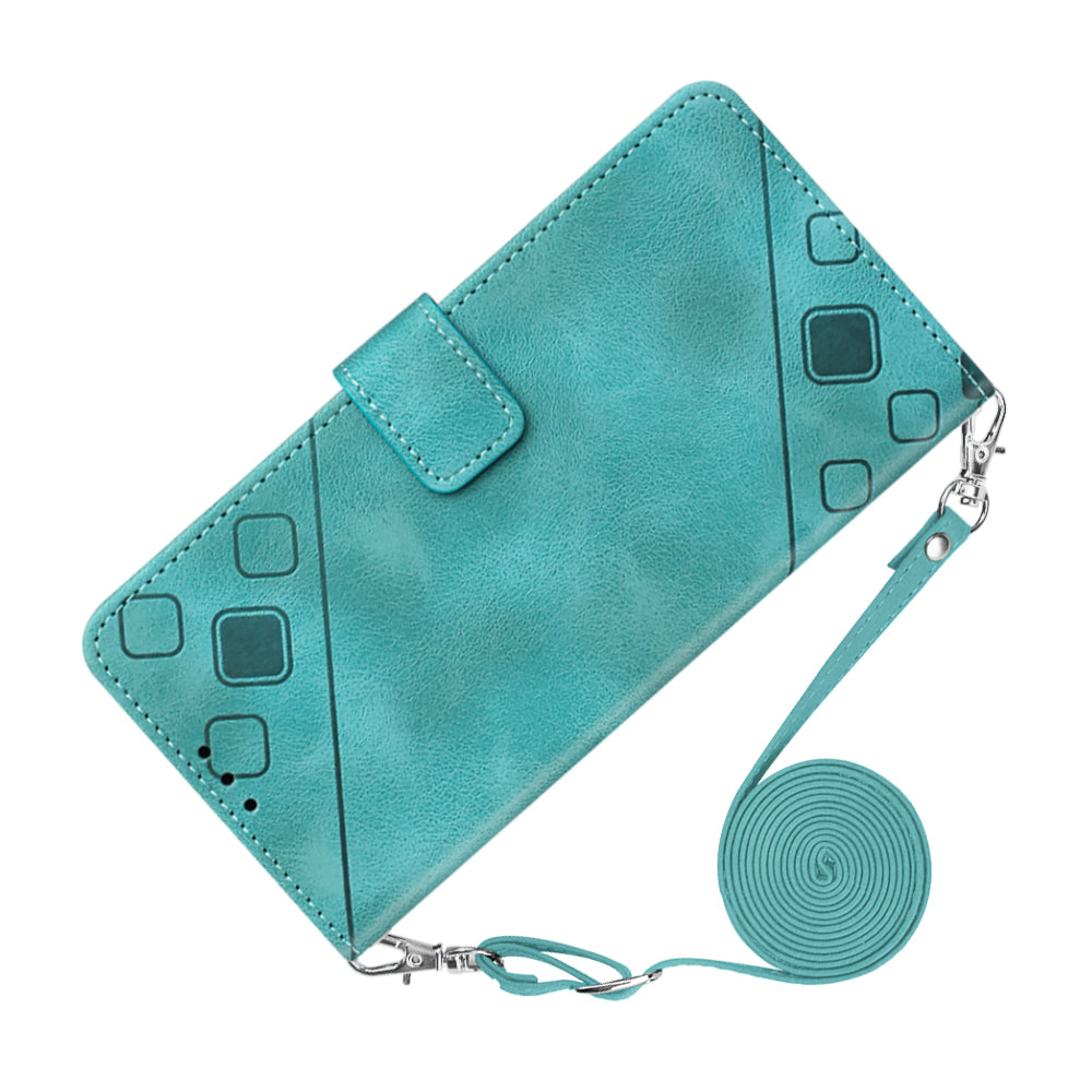 PT005 YB Imprinting Series-7 for iPhone 12 12 Pro Wallet Stand Phone Case Imprinted Lines Leather Cover with Shoulder Strap
