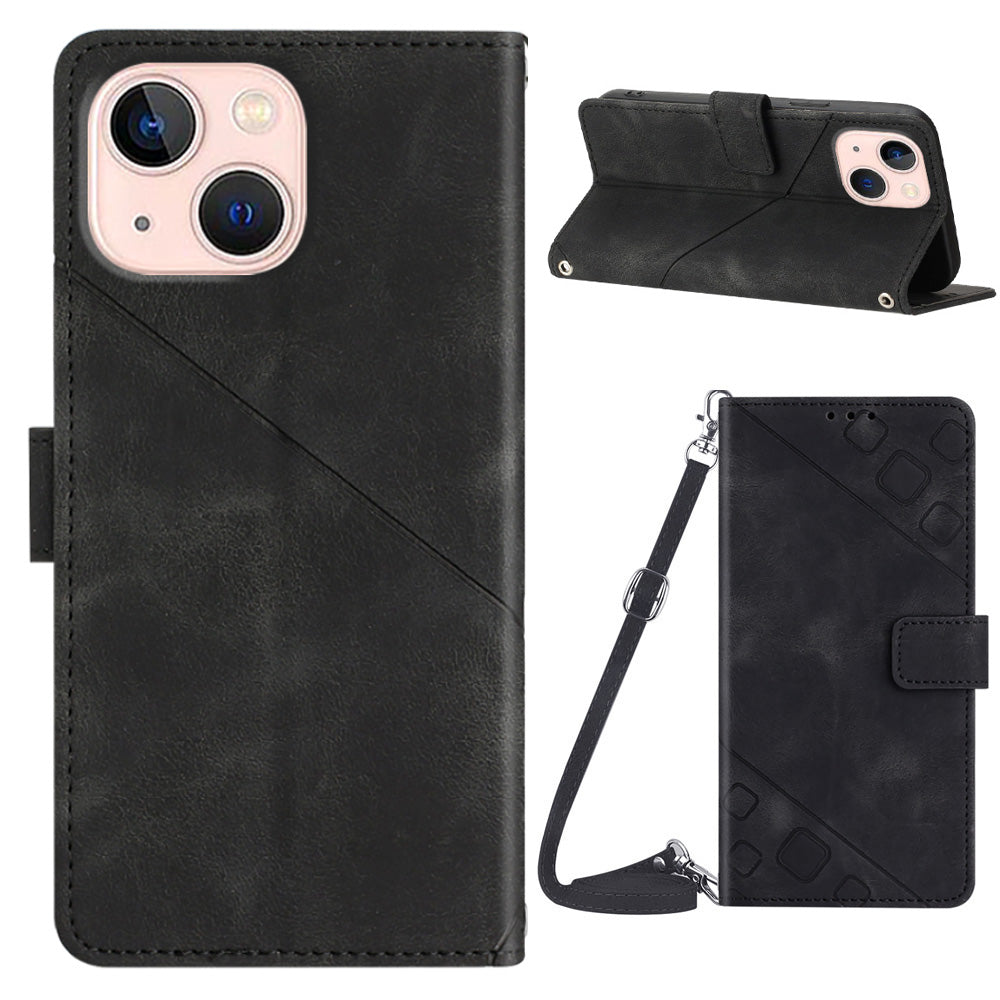 PT005 YB Imprinting Series-7 for iPhone 13 mini Phone Case Imprinted Lines Leather Wallet Stand Cover with Shoulder Strap