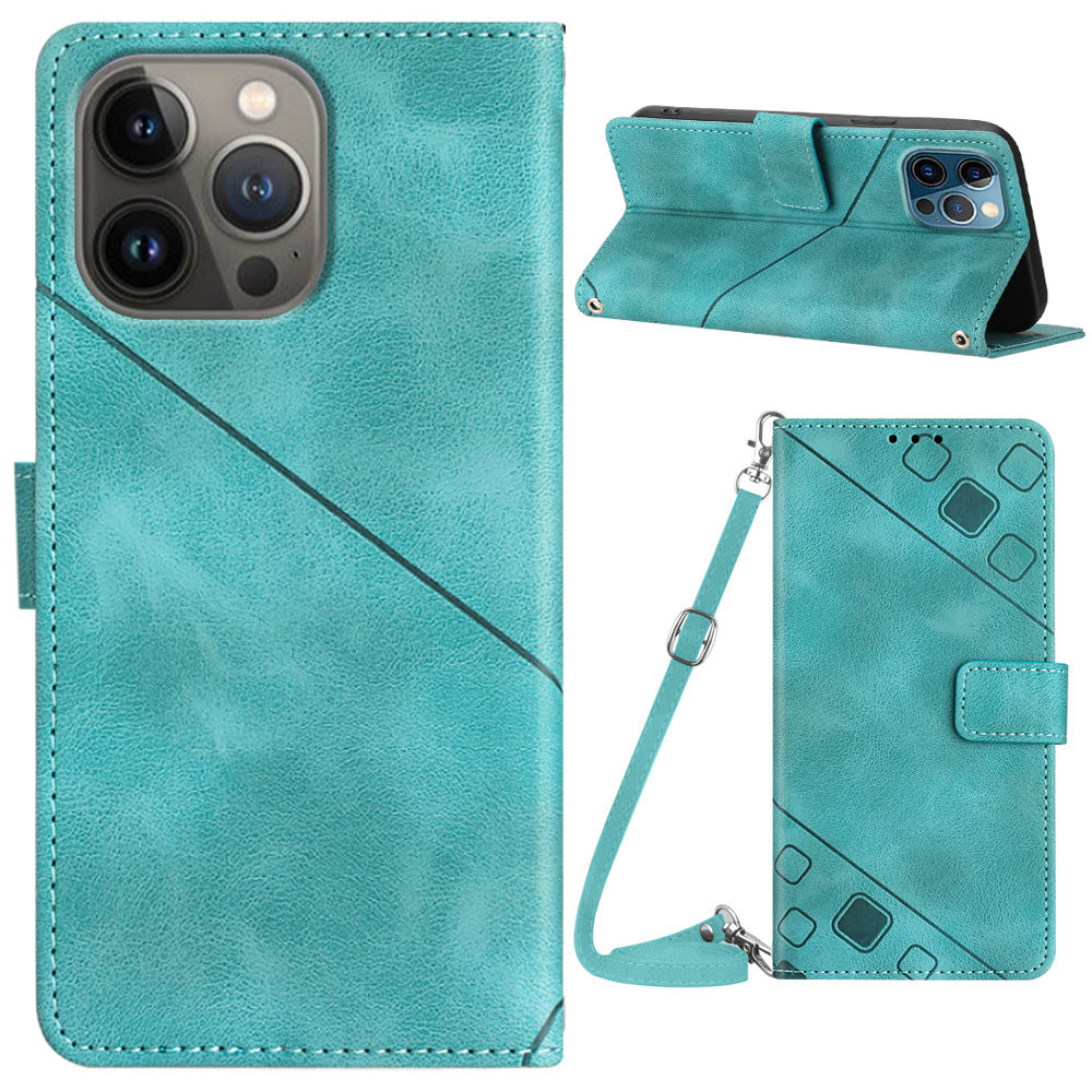 PT005 YB Imprinting Series-7 for iPhone 13 Pro Wallet PU Leather Phone Stand Case Lines Imprinted Cover with Shoulder Strap