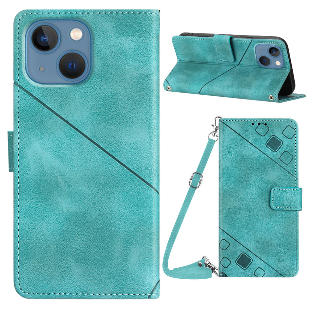 PT005 YB Imprinting Series-7 for iPhone 14 PU Leather Stand Case Imprinted Lines Wallet Phone Cover with Shoulder Strap