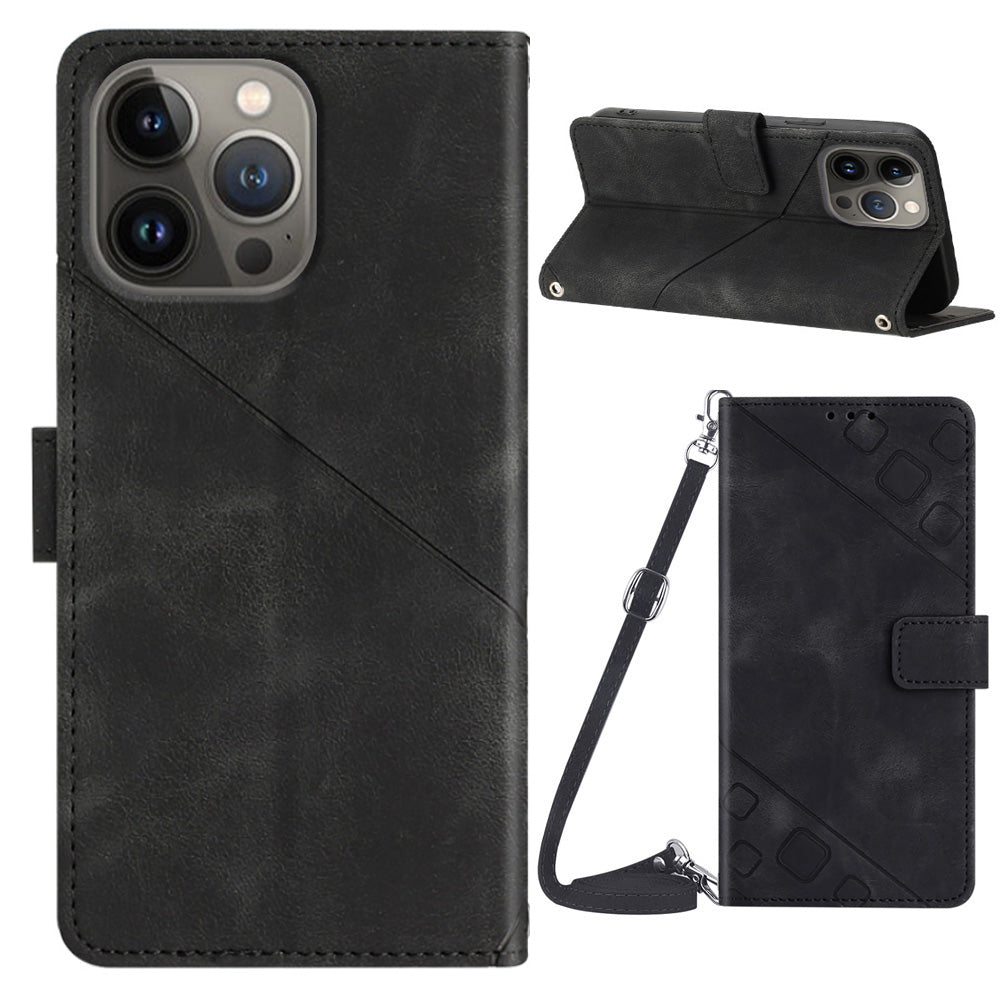 PT005 YB Imprinting Series-7 Leather Case for iPhone 13 Pro Max Cell Phone Wallet Stand Cover with Shoulder Strap