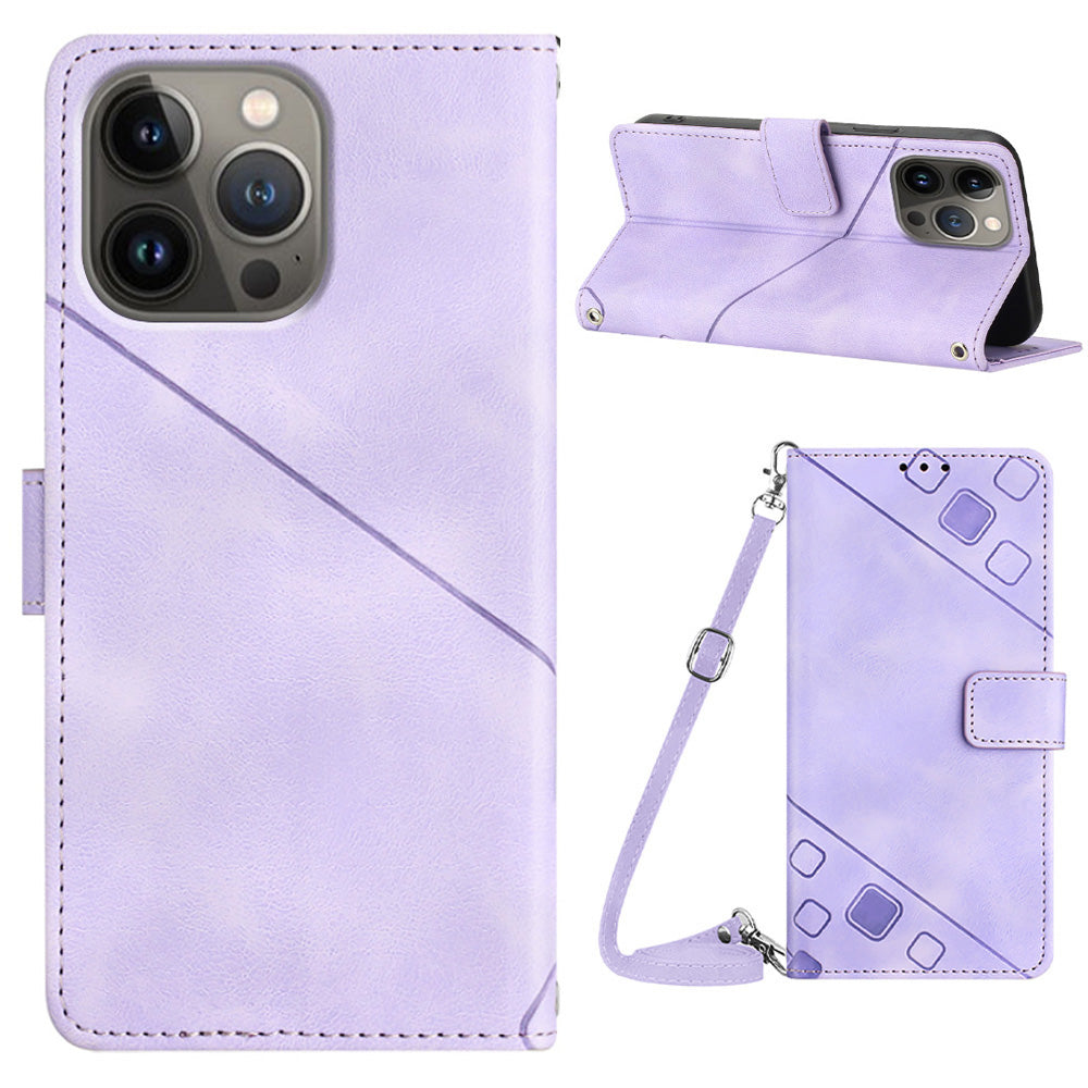 PT005 YB Imprinting Series-7 for iPhone 14 Pro Max PU Leather Wallet Phone Case Imprinted Flip Stand Cover with Shoulder Strap