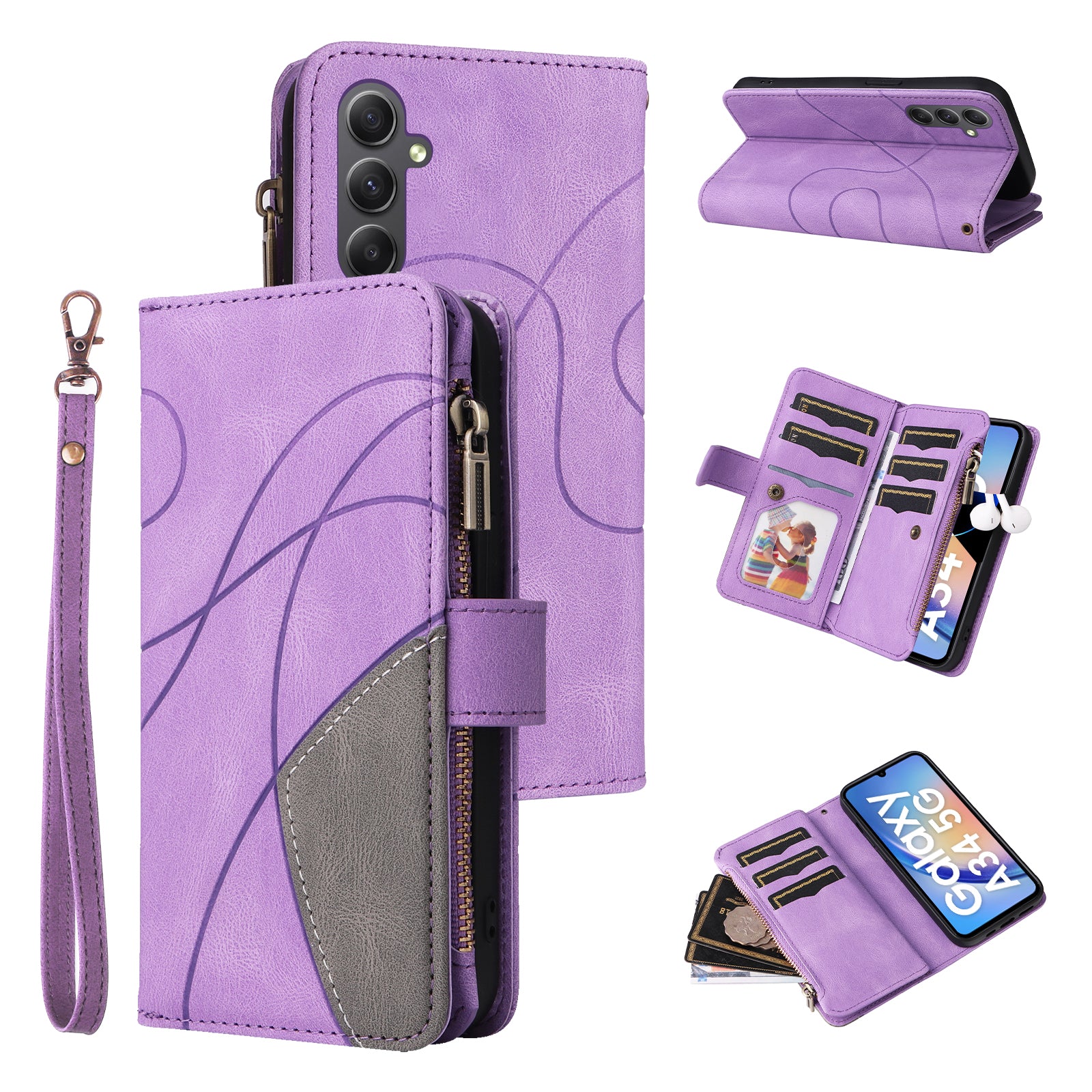KT Multi-function Series-5 For Samsung Galaxy A34 5G Zipper Leather Wallet Phone Case Flip Stand Splicing Cover with Multiple Card Slots