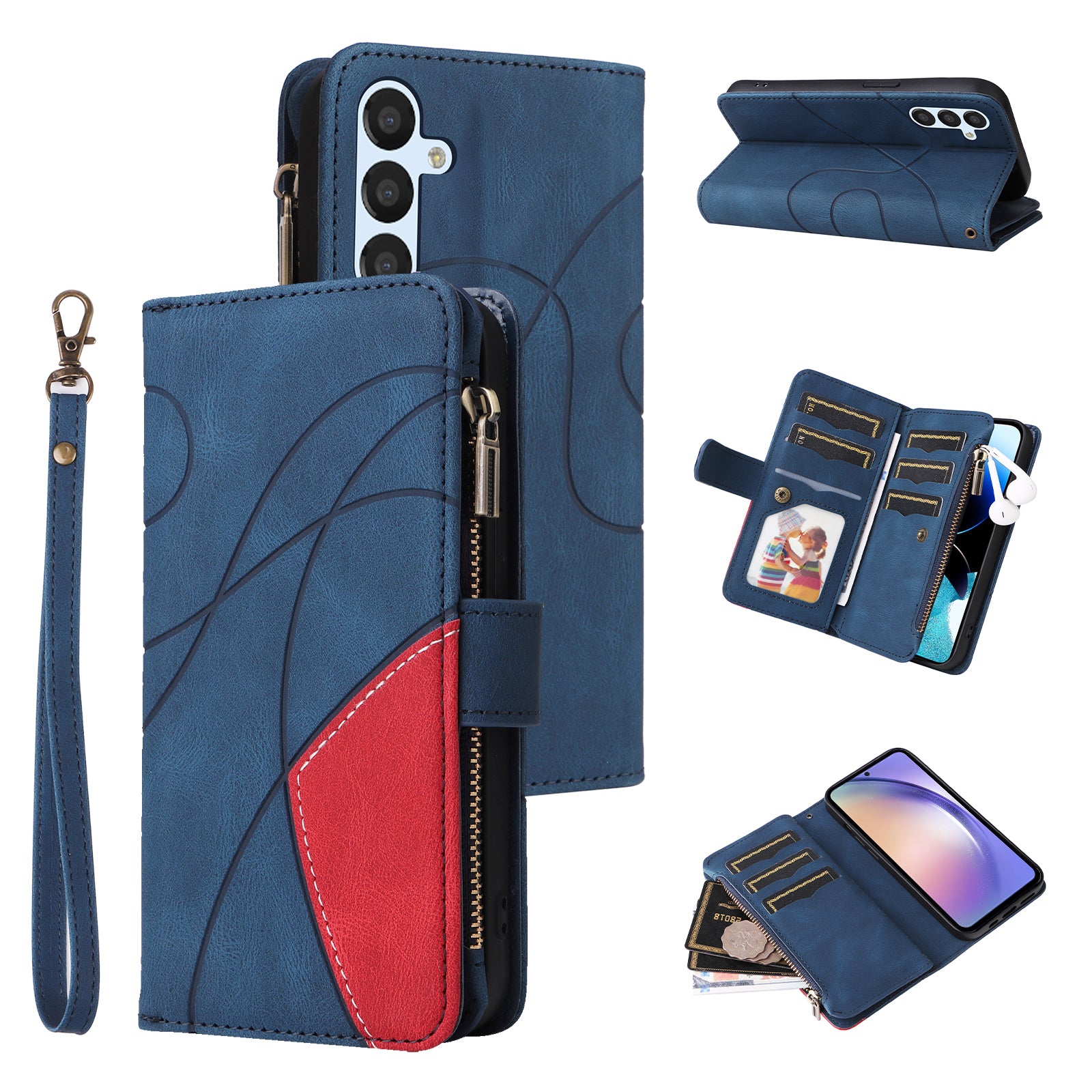 KT Multi-function Series-5 For Samsung Galaxy A54 5G Zipper Leather Wallet Anti-drop Phone Case Multiple Card Slots Splicing Stand Cover