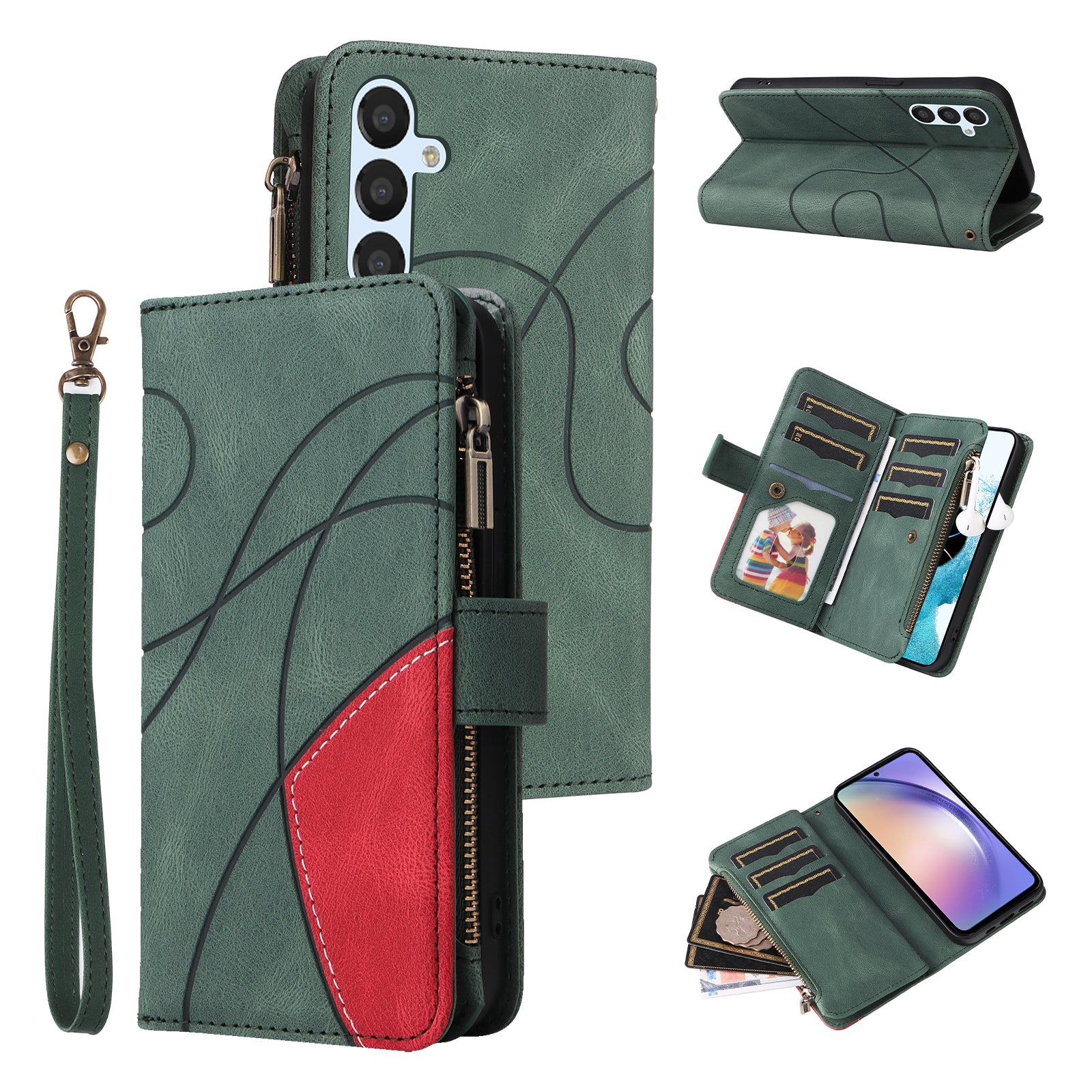 KT Multi-function Series-5 For Samsung Galaxy A54 5G Zipper Leather Wallet Anti-drop Phone Case Multiple Card Slots Splicing Stand Cover