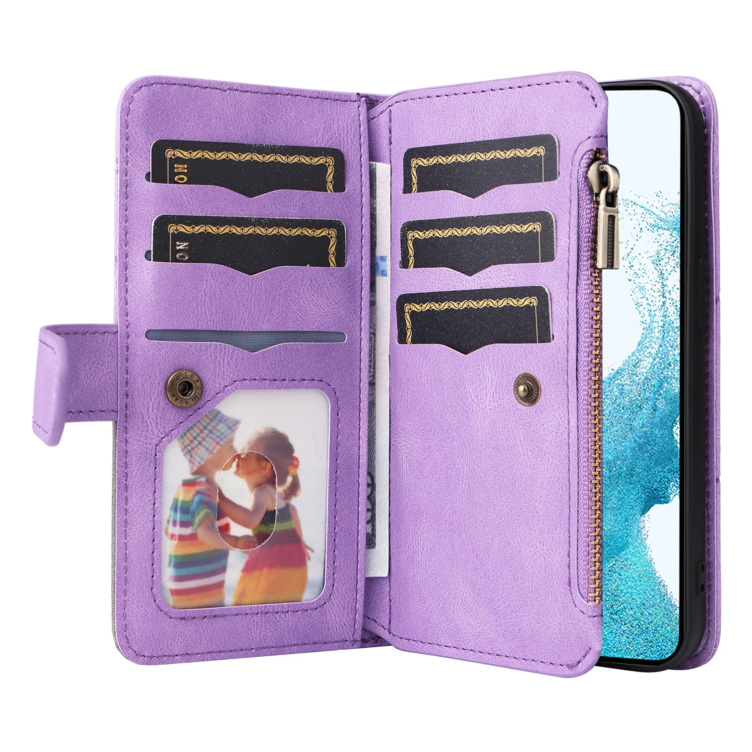 KT Multi-function Series-5 For Samsung Galaxy A54 5G Zipper Leather Wallet Anti-drop Phone Case Multiple Card Slots Splicing Stand Cover