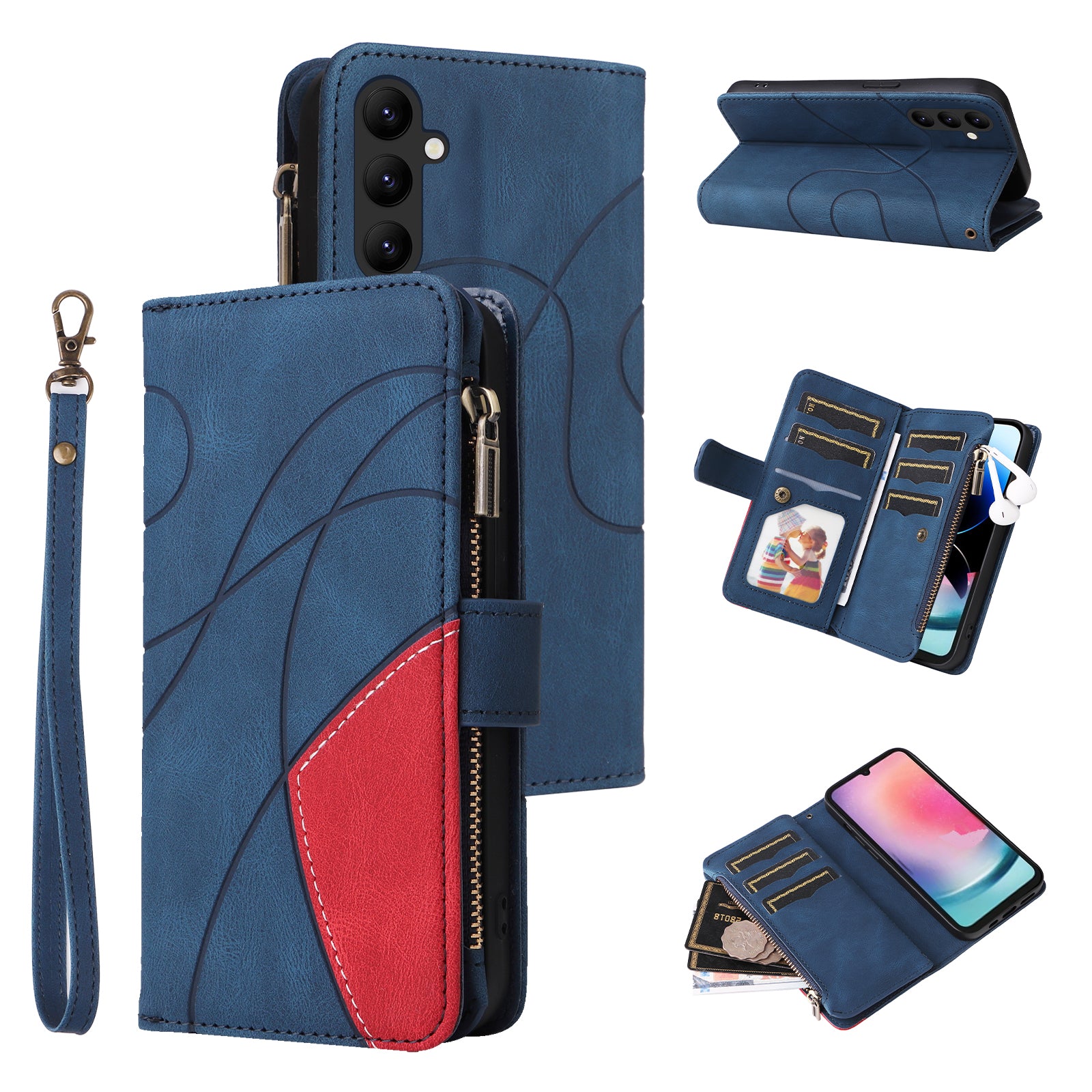 KT Multi-function Series-5 For Samsung Galaxy A24 4G Multiple Card Slots Phone Case Bi-color Splicing Zipper Leather Wallet Stand Cover