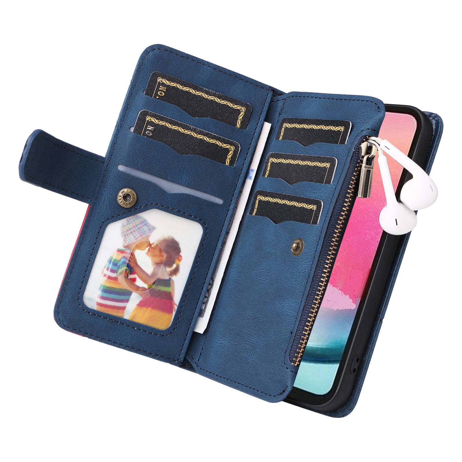 KT Multi-function Series-5 For Samsung Galaxy A24 4G Multiple Card Slots Phone Case Bi-color Splicing Zipper Leather Wallet Stand Cover